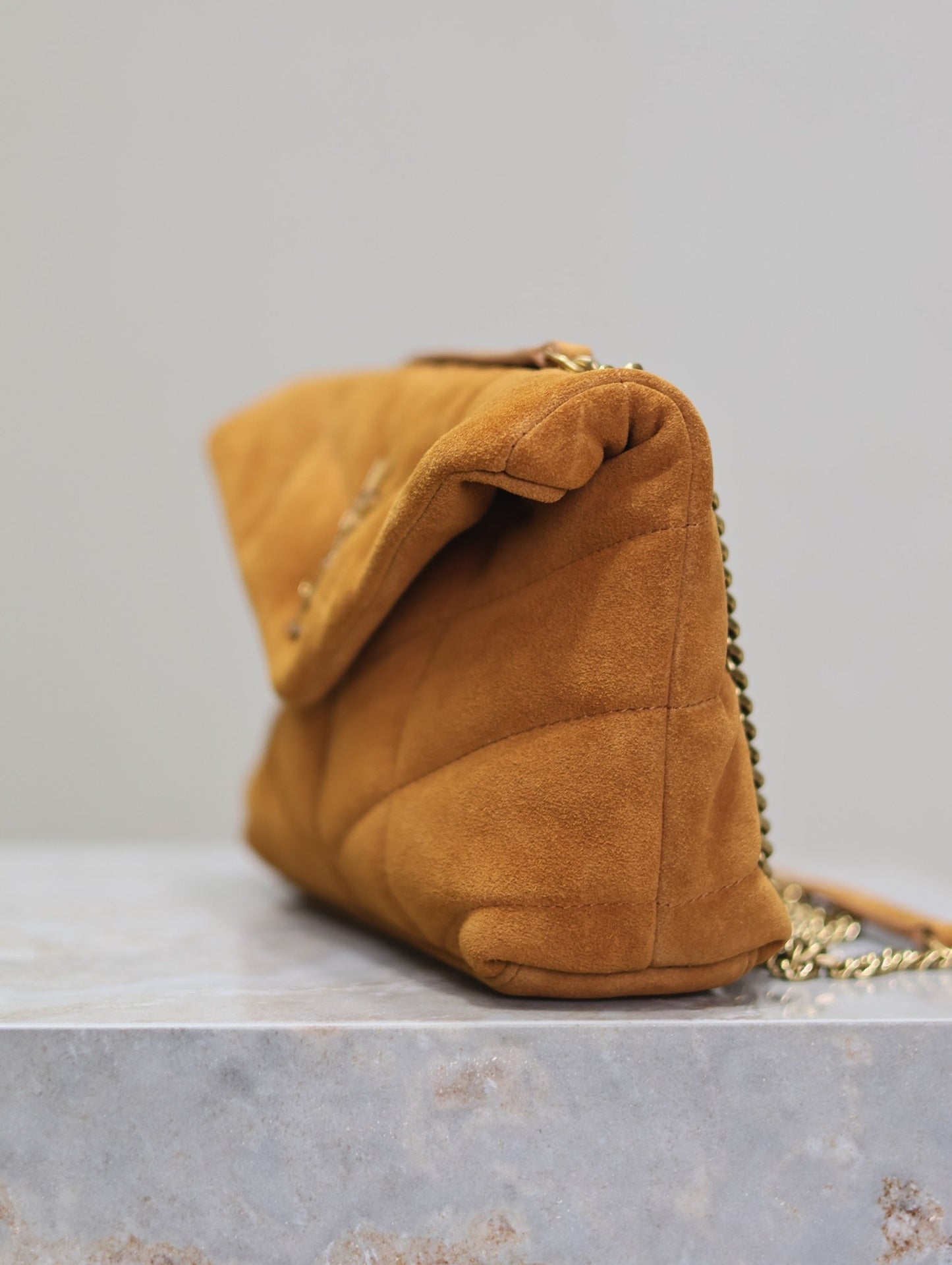 PUFFER TOY 23 IN BRONZE BROWN SUEDE GOLD HARDWARE