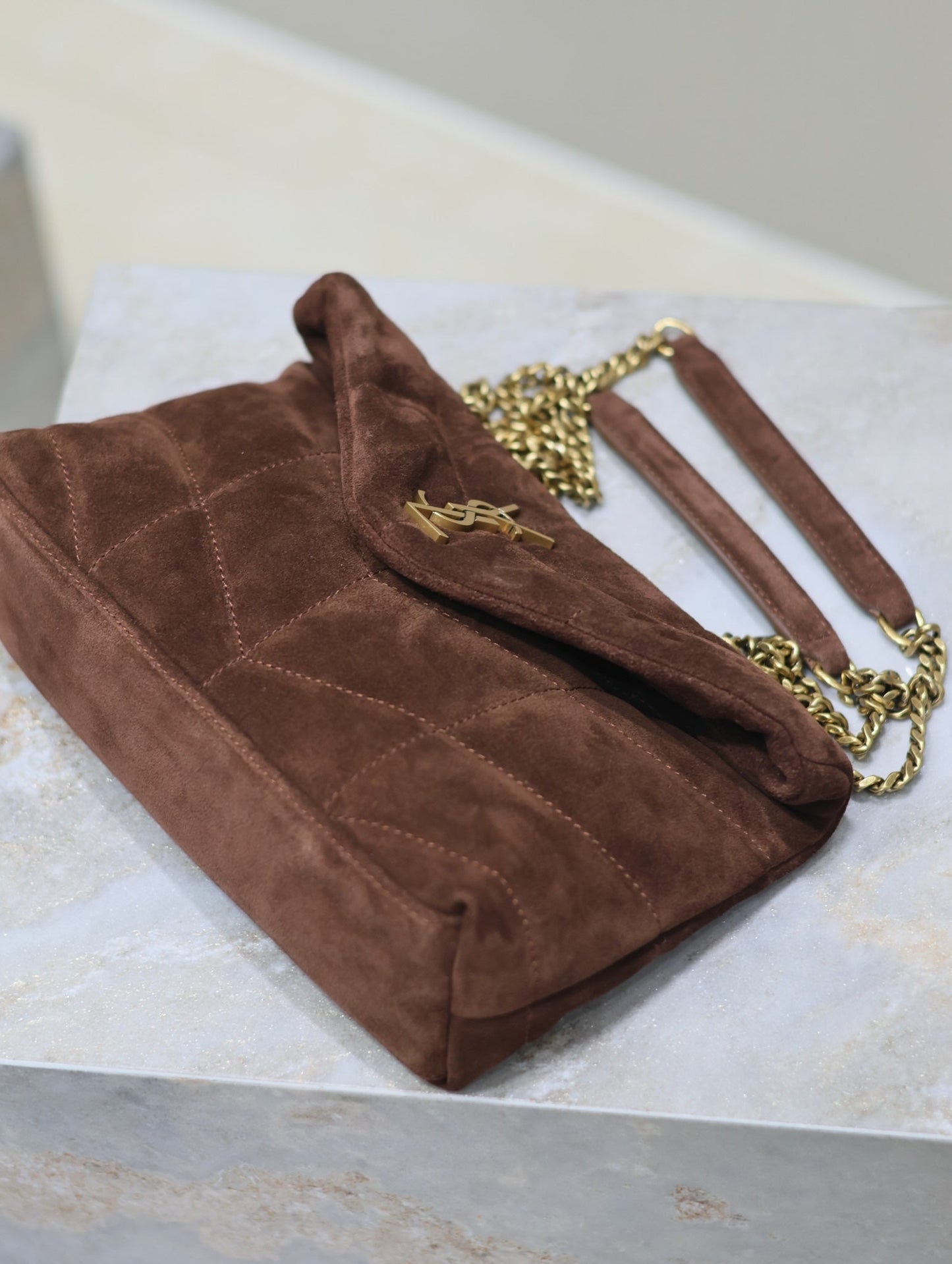 PUFFER TOY 23 IN WALNUT BROWN SUEDE GOLD HARDWARE