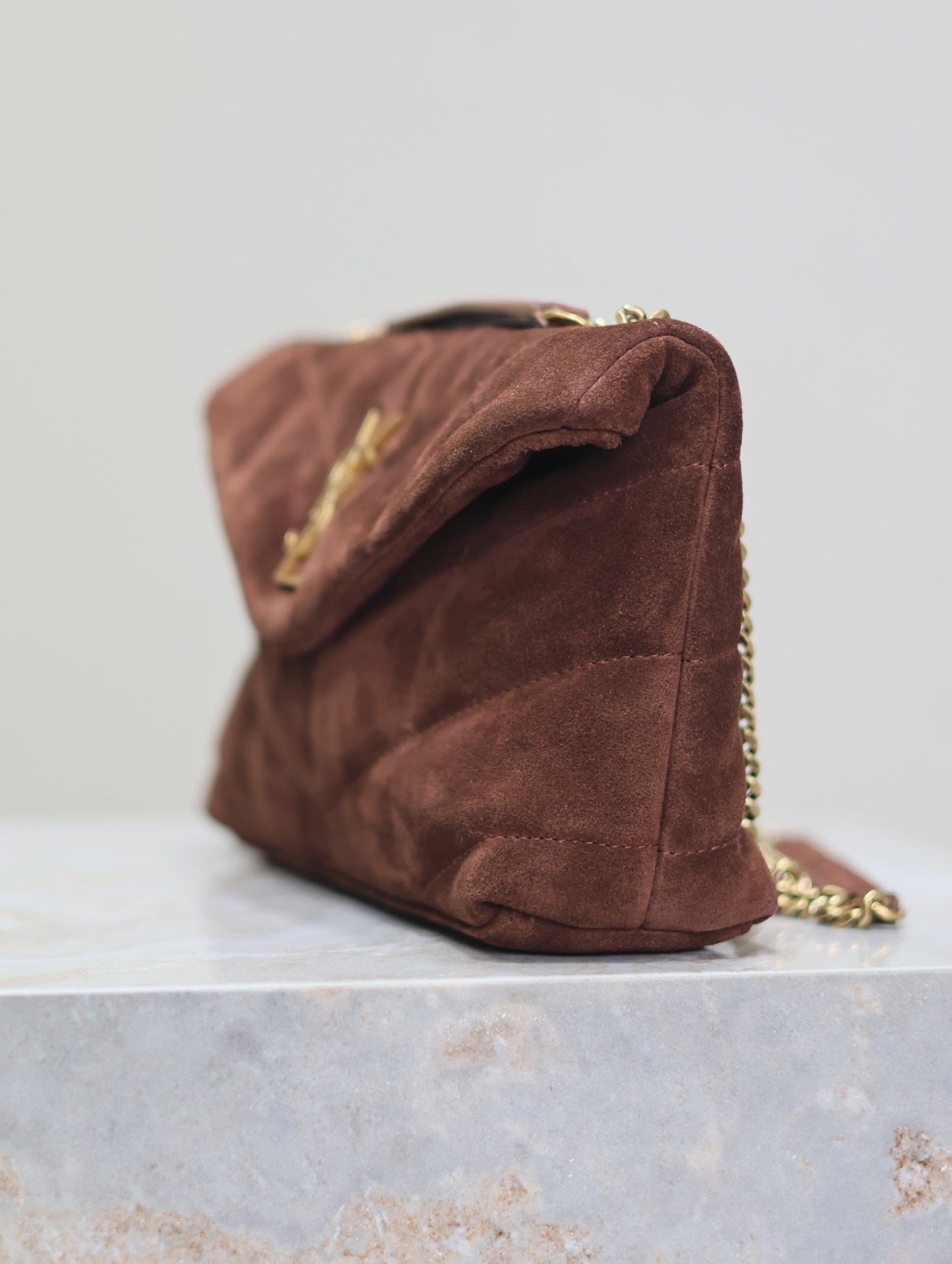 PUFFER TOY 23 IN WALNUT BROWN SUEDE GOLD HARDWARE