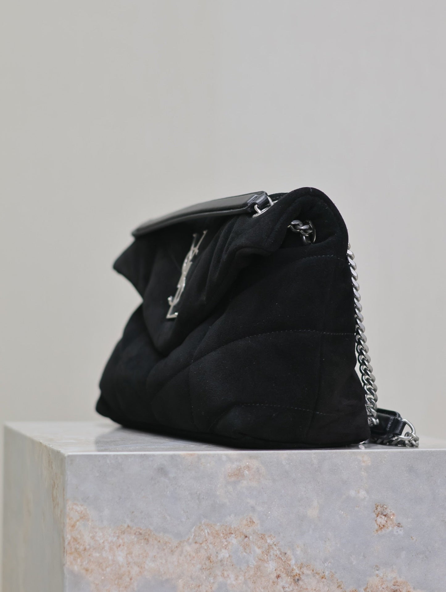 PUFFER SMALL 29 IN BLACK SUEDE SILVER HARDWARE