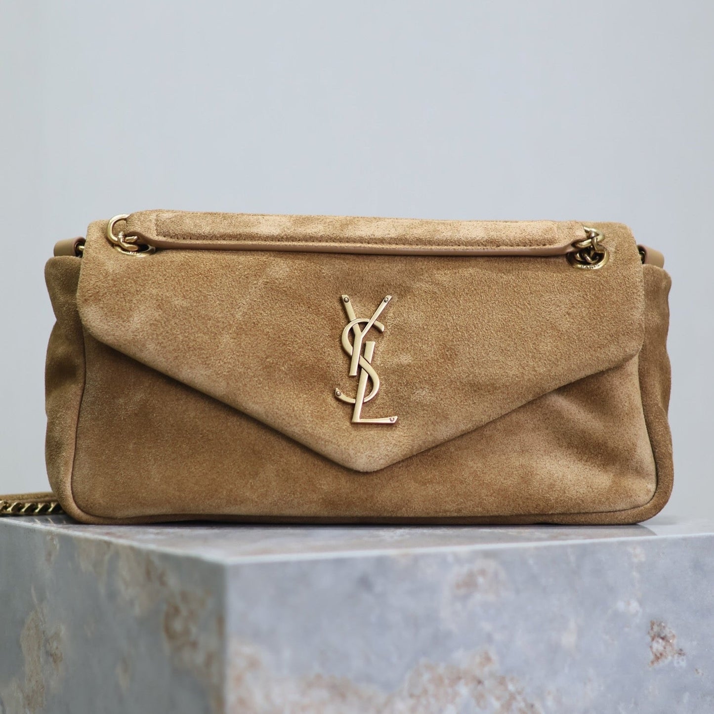 CALYPSO BAG 26 IN CIDER BROWN SUEDE GOLD HARDWARE