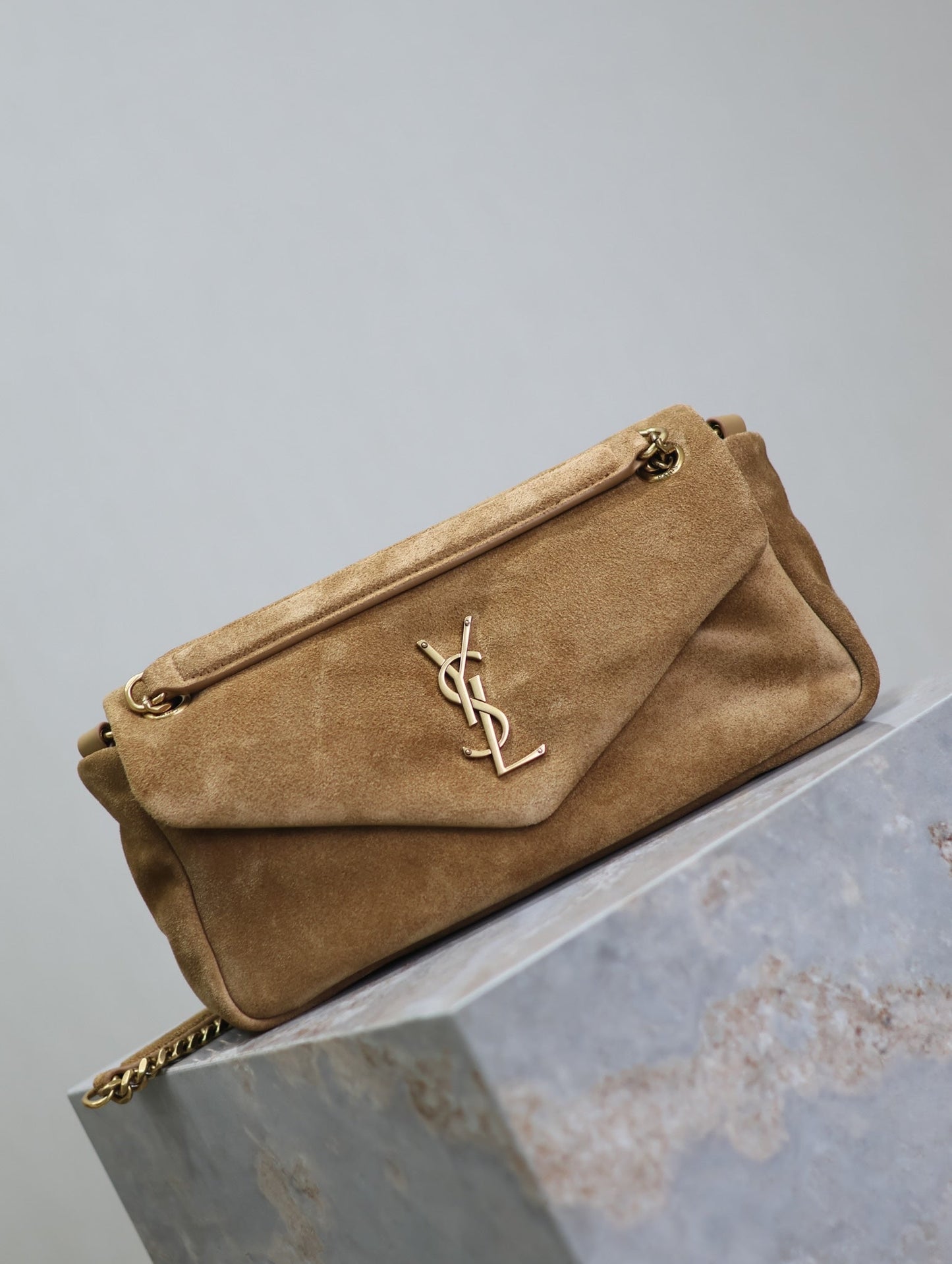 CALYPSO BAG 26 IN CIDER BROWN SUEDE GOLD HARDWARE