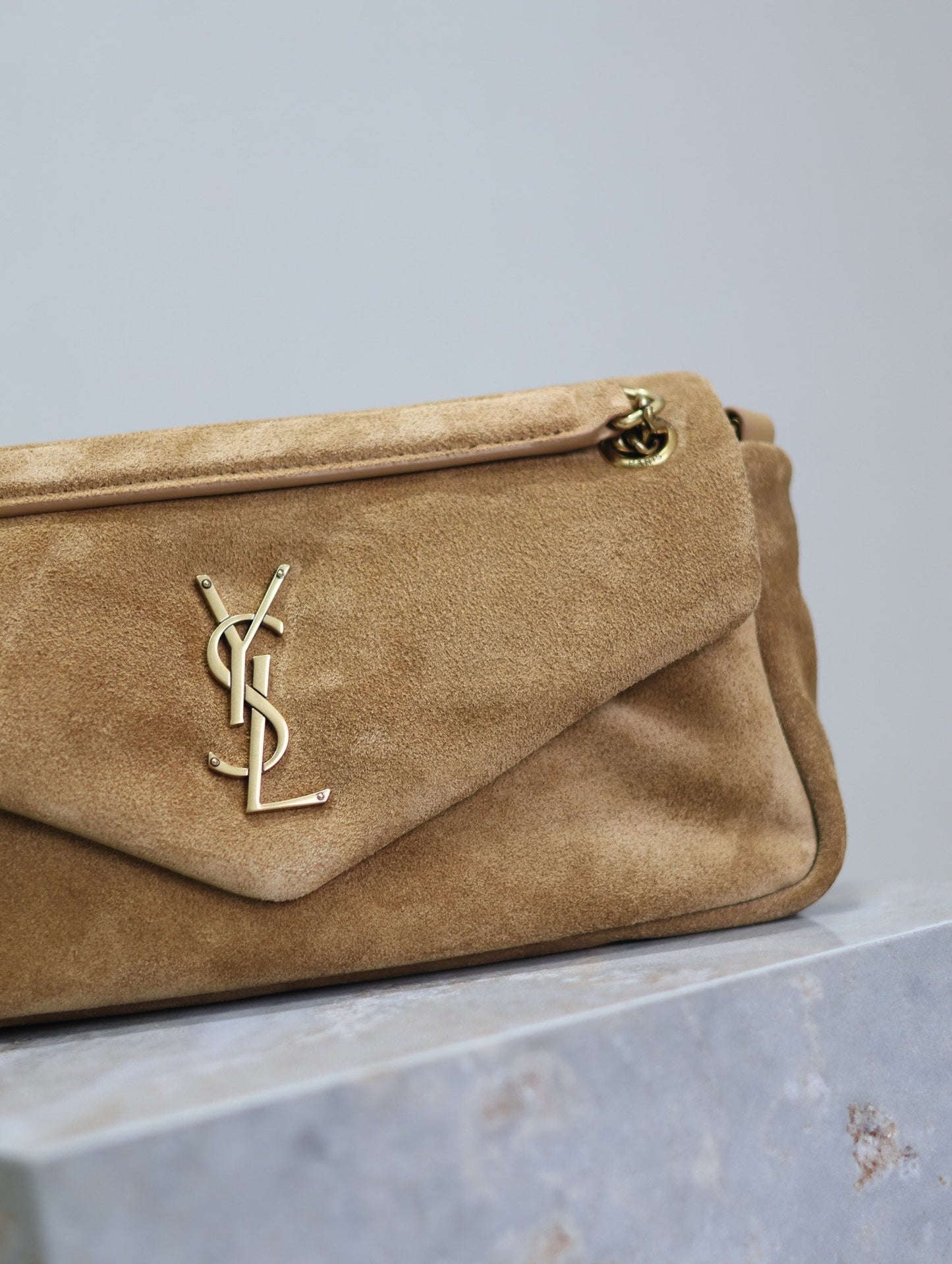 CALYPSO BAG 26 IN CIDER BROWN SUEDE GOLD HARDWARE