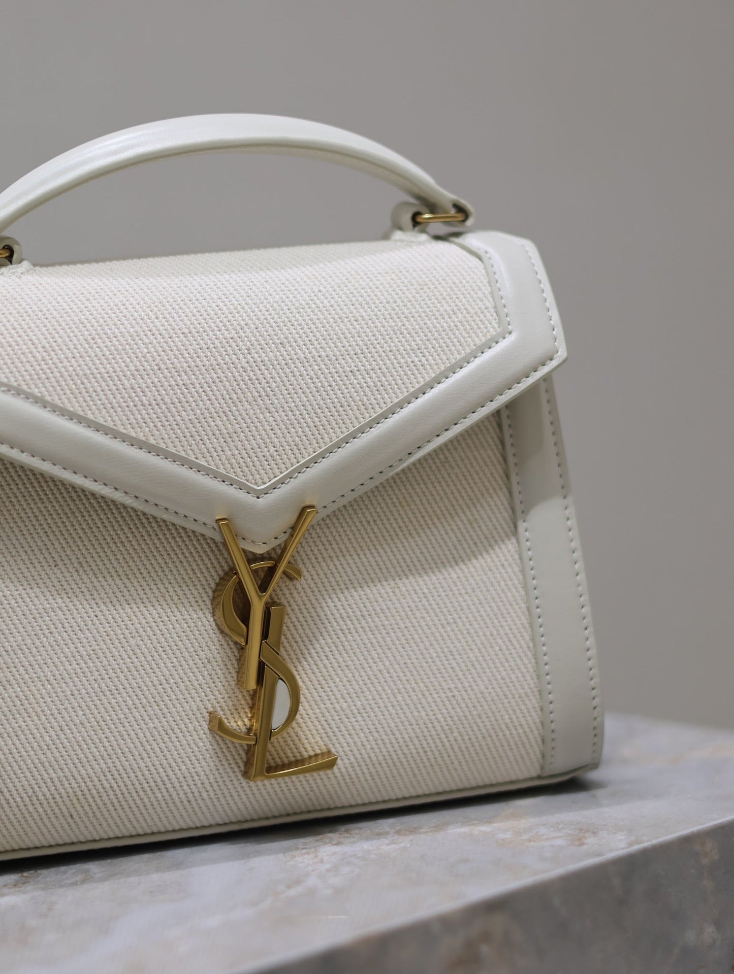 CASSANDRA MINI TOP HANDLE BAG 20 IN WHITE CANVAS AND LEATHER TRIM