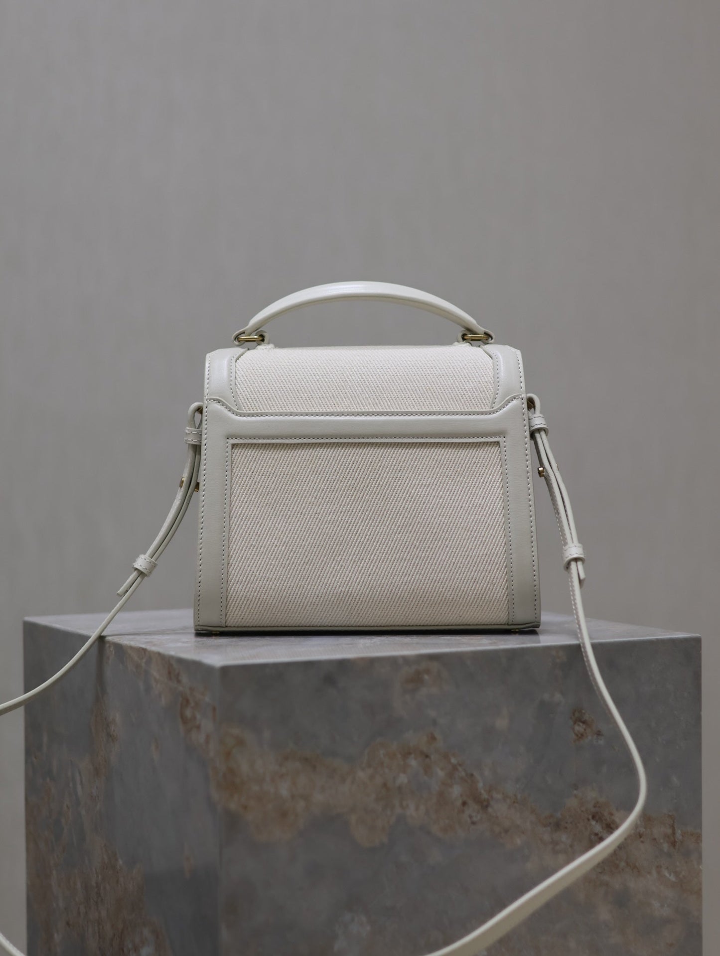 CASSANDRA MINI TOP HANDLE BAG 20 IN WHITE CANVAS AND LEATHER TRIM