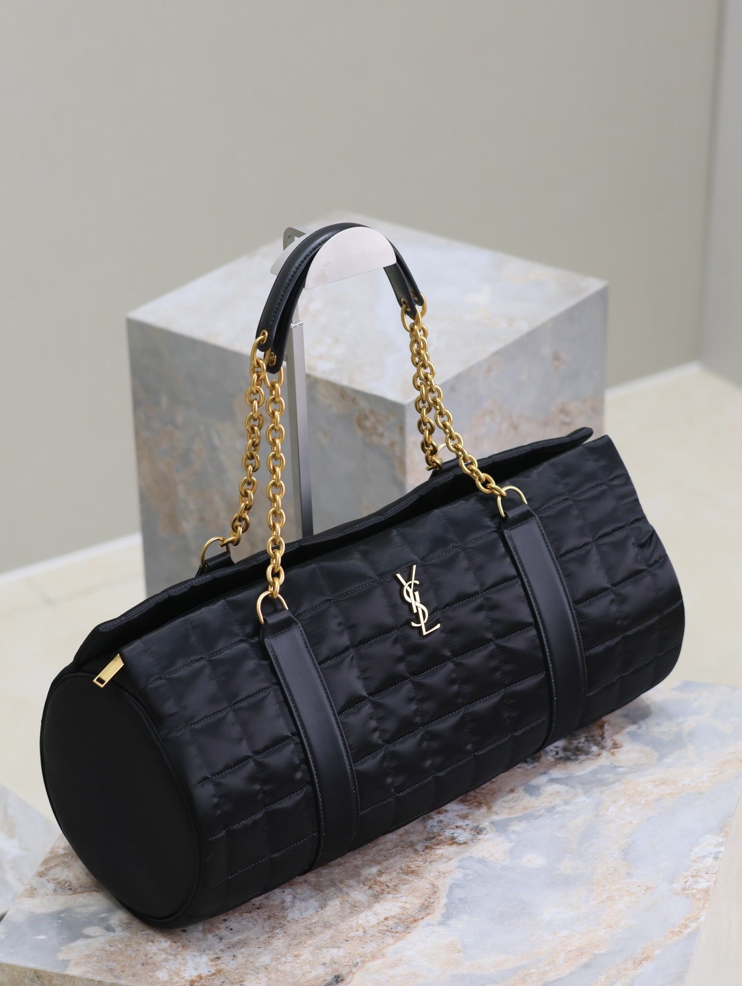 TRAVEL BAG 42 IN BLACK NYLON AND LEATHER TRIM GOLD HARDWARE