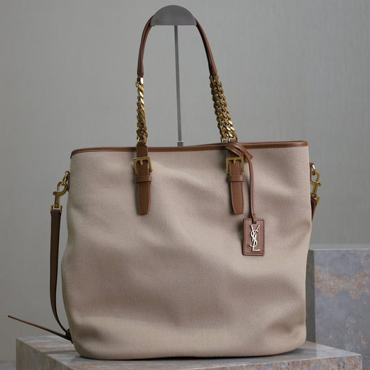 TOTE BAG 38 IN WHITE CANVAS AND BROWN LEATHER TRIM GOLD HARDWARE