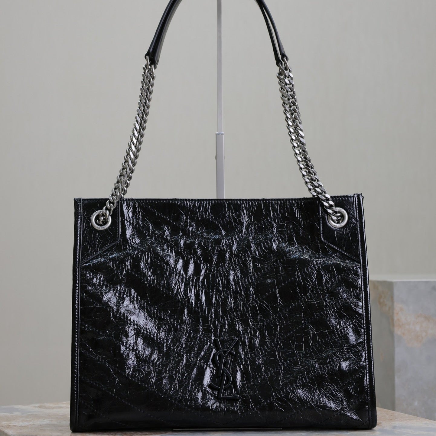 NIKI SHOPPING BAG 33 IN BLACK CRUMPLED CALFSKIN SILVER HARDWARE