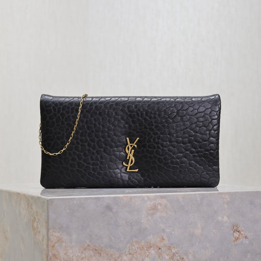 CALYPSO POUCH 24 IN BLACK ELEPHANT TEXTURED LAMBSKIN GOLD LOGO