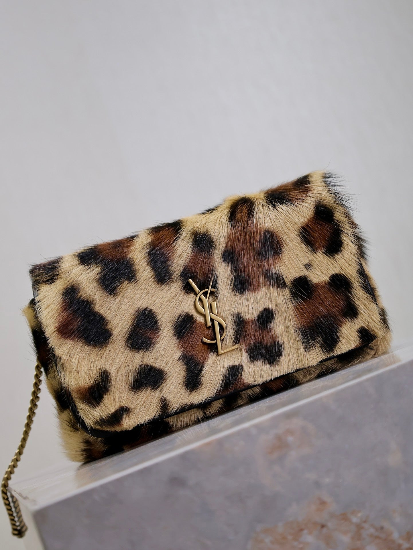 KATE SMALL BAG 20 IN LEOPARD PRINT FUR COPPER CHAIN