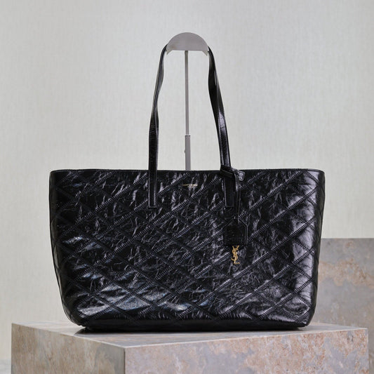 SHOPPING TOTE BAG 38 IN BLACK CRUMPLED CALFSKIN