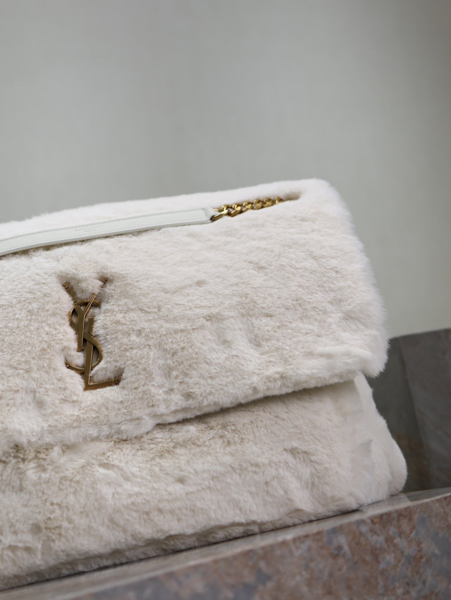 NIKI 47 IN WHITE RABBIT FUR GOLD HARDWARE