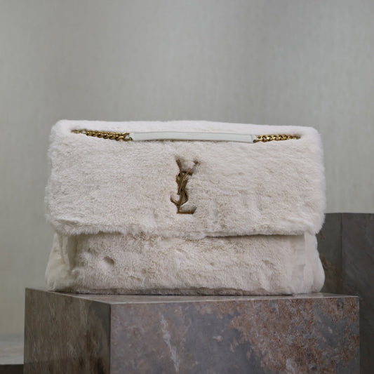 NIKI 47 IN WHITE RABBIT FUR GOLD HARDWARE