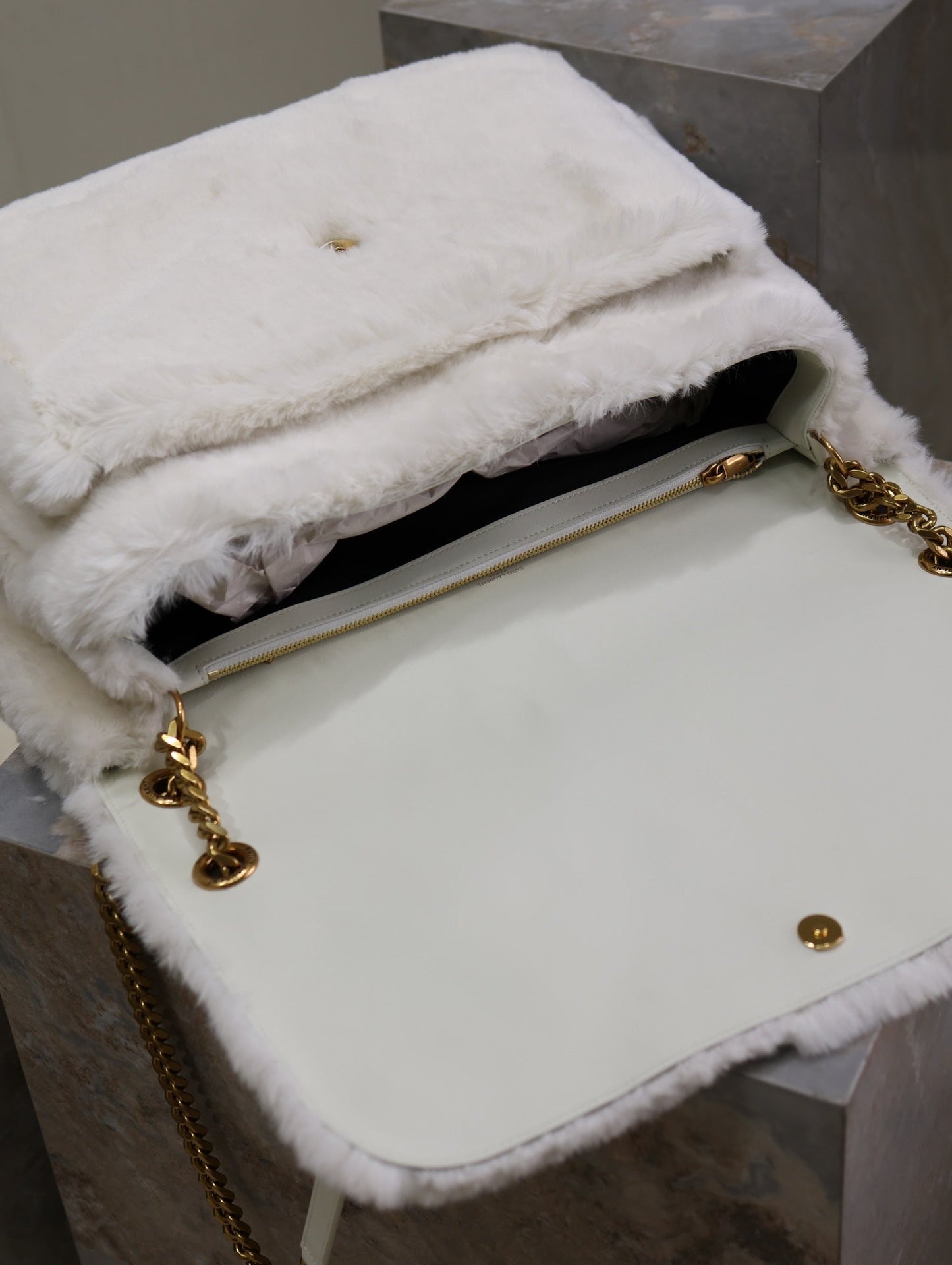 NIKI 47 IN WHITE RABBIT FUR GOLD HARDWARE