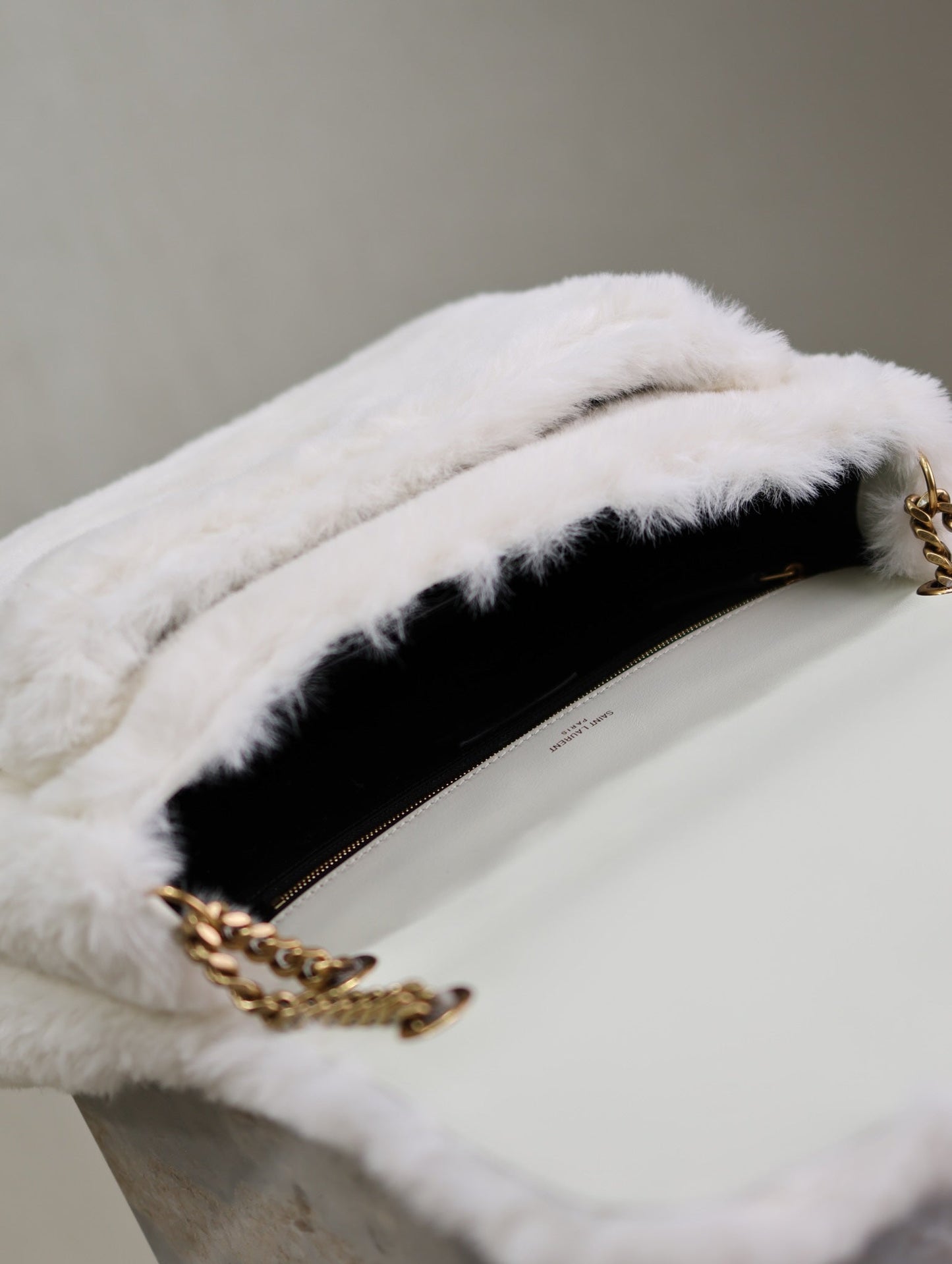 NIKI LARGE 32 IN WHITE RABBIT FUR GOLD HARDWARE