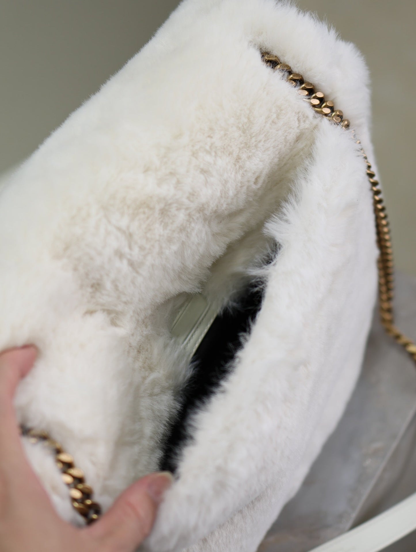 NIKI LARGE 32 IN WHITE RABBIT FUR GOLD HARDWARE