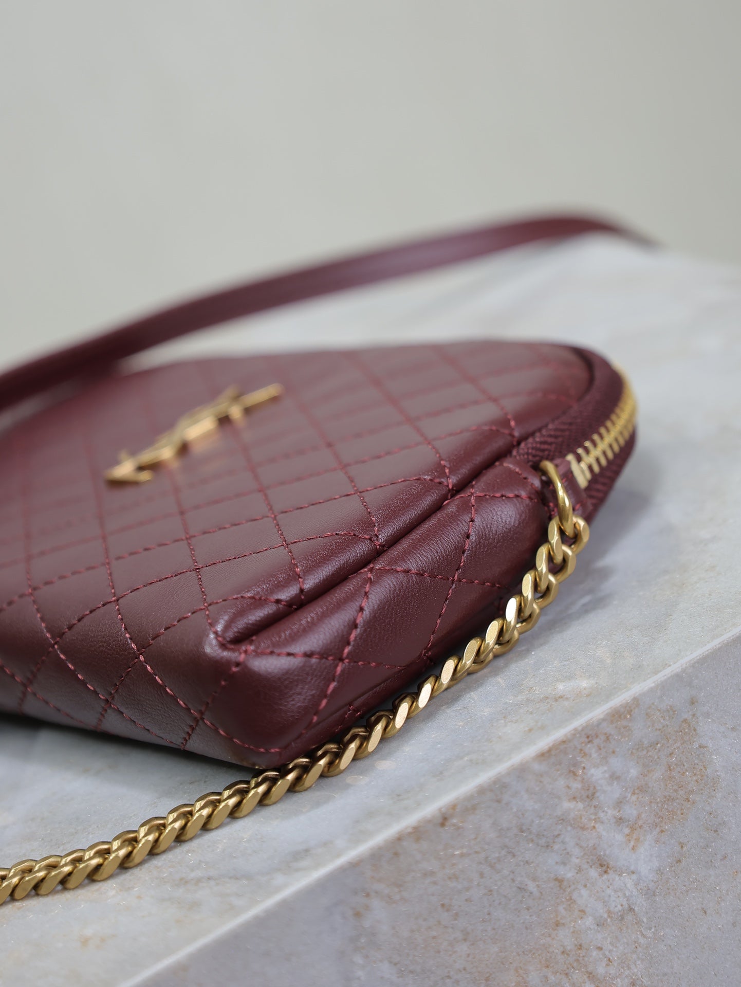 GABY ZIPPED POUCH 19 IN WINE RED QUILTED LAMBSKIN GOLD HARDWARE