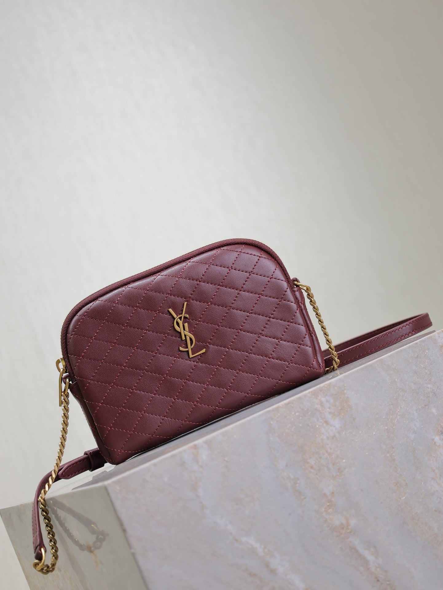 GABY ZIPPED POUCH 19 IN WINE RED QUILTED LAMBSKIN GOLD HARDWARE