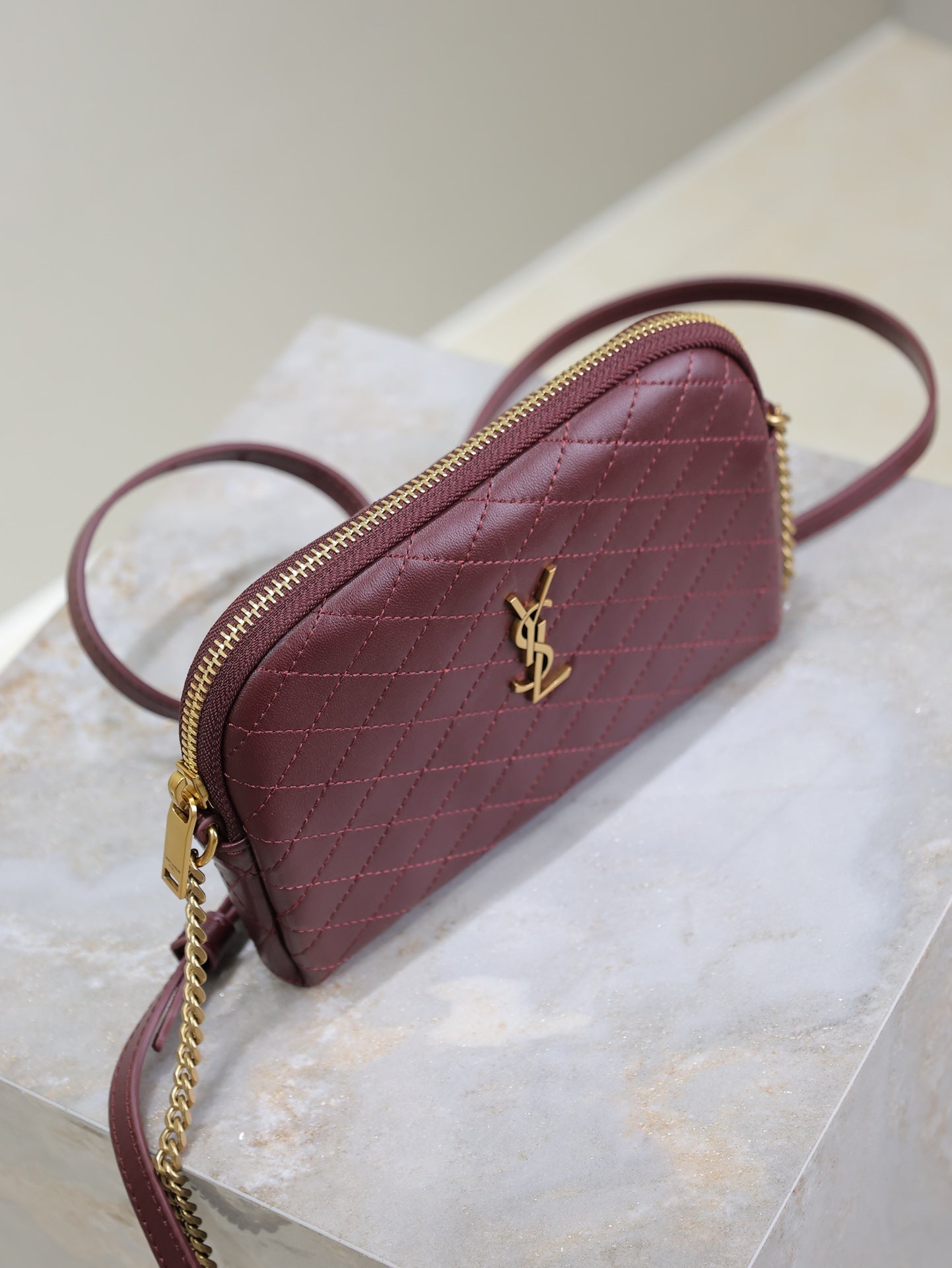 GABY ZIPPED POUCH 19 IN WINE RED QUILTED LAMBSKIN GOLD HARDWARE