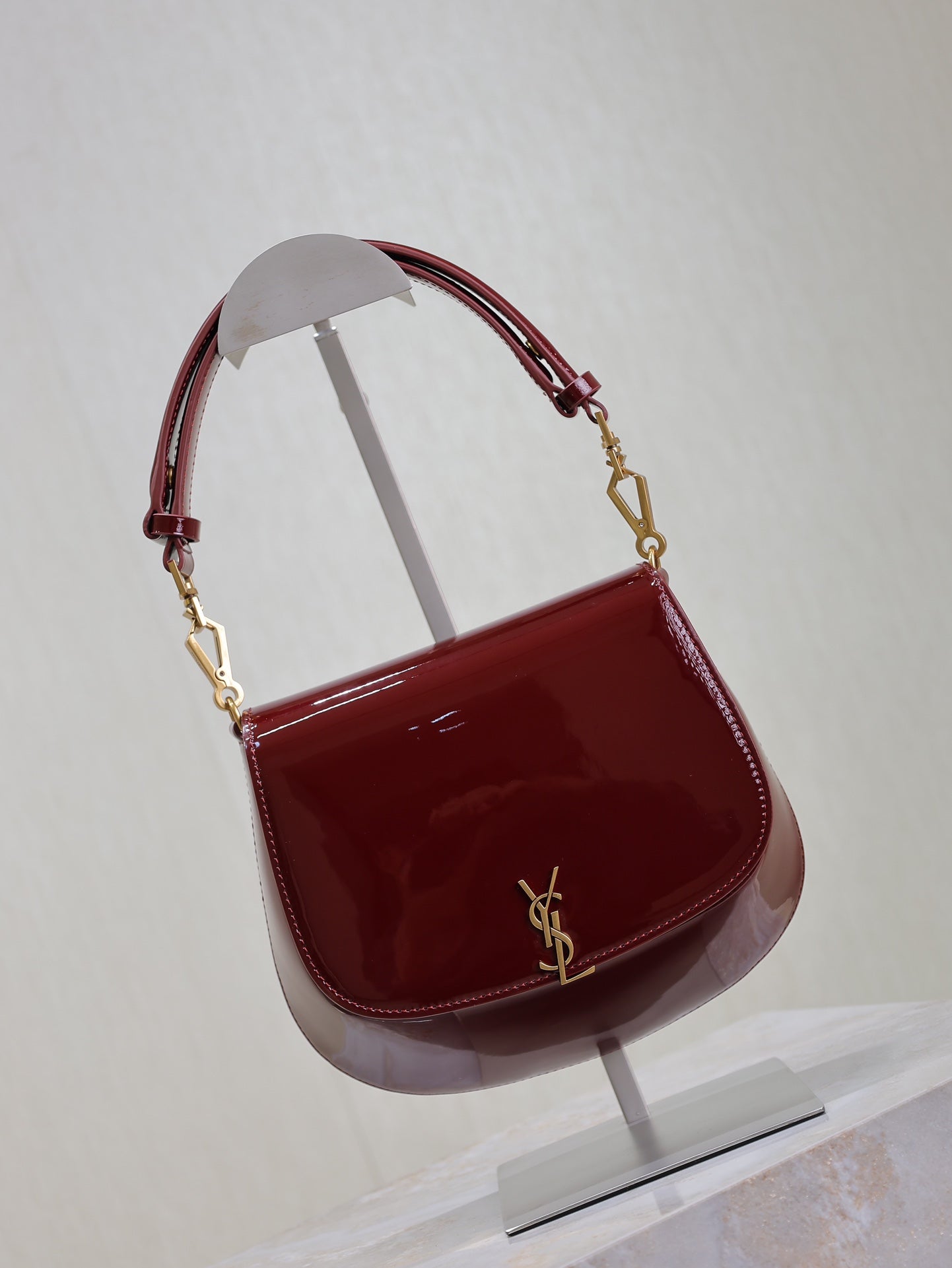 VOLTAIRE SADDLE BAG 21 IN BORDEAUX RED PATENT CALFSKIN