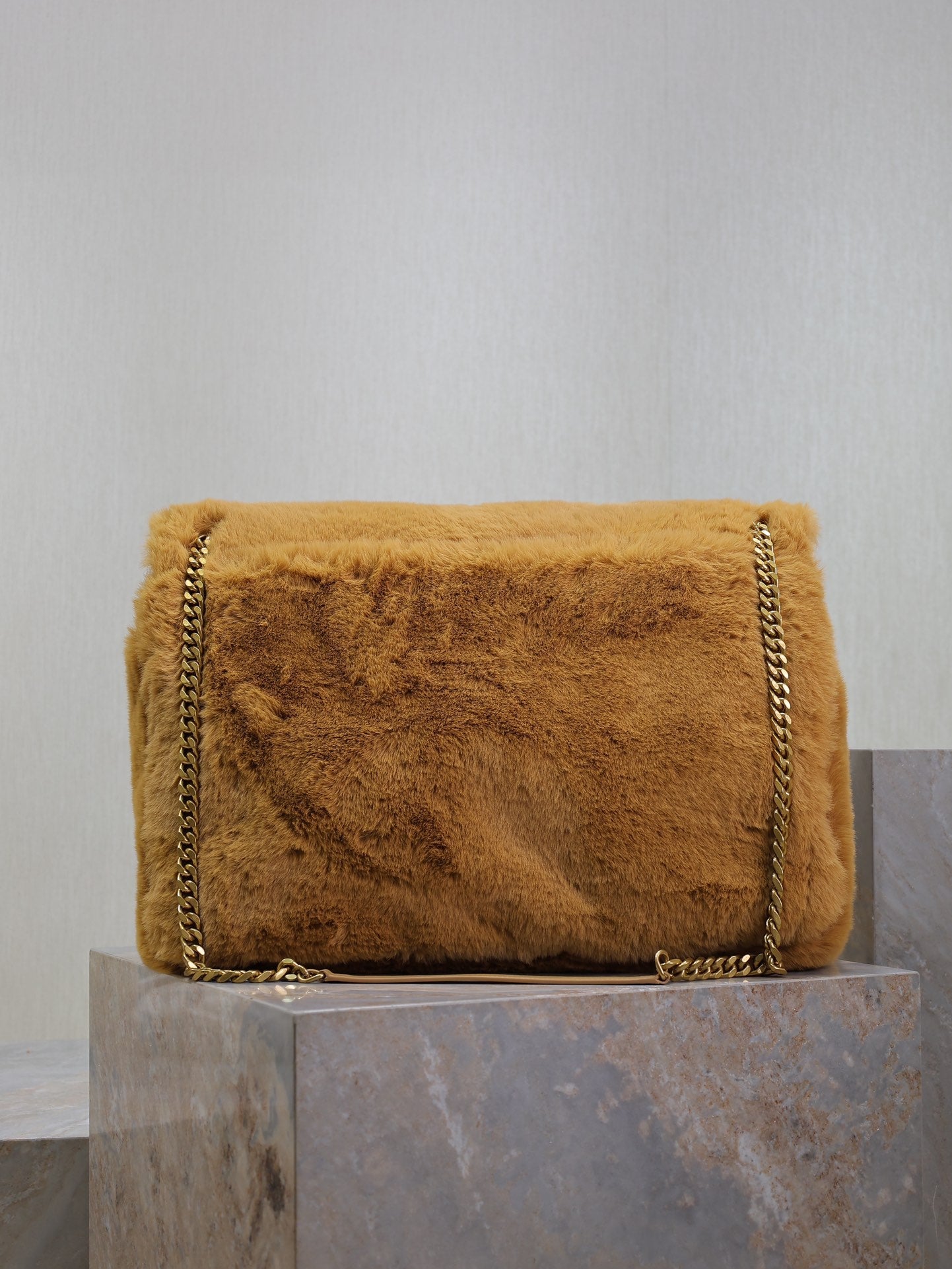 NIKI 47 IN CINNAMON BROWN RABBIT FUR GOLD HARDWARE