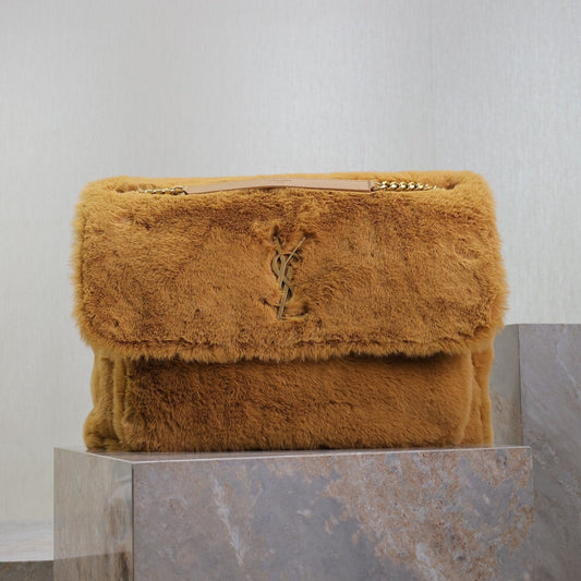 NIKI 47 IN CINNAMON BROWN RABBIT FUR GOLD HARDWARE