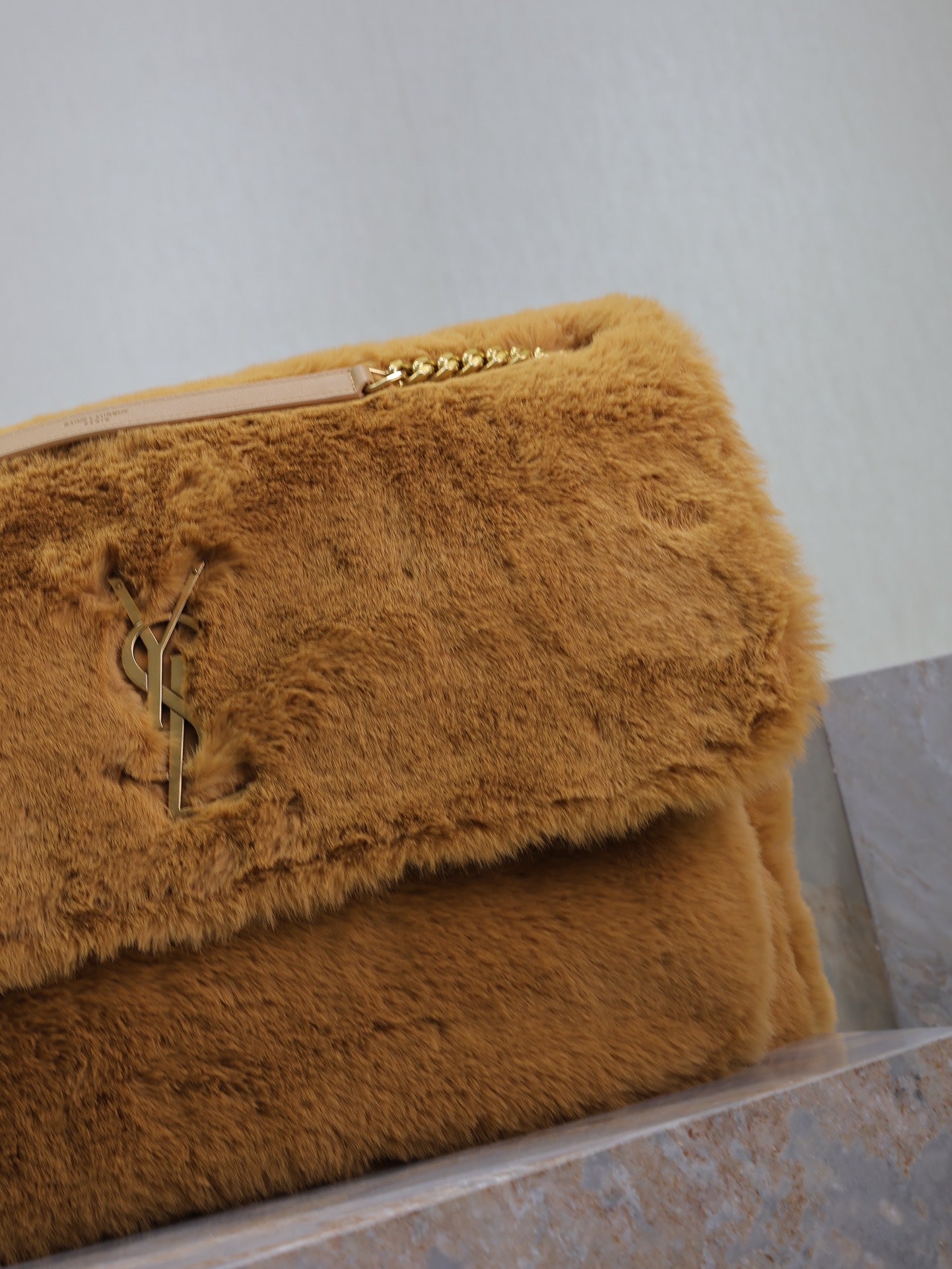 NIKI 47 IN CINNAMON BROWN RABBIT FUR GOLD HARDWARE