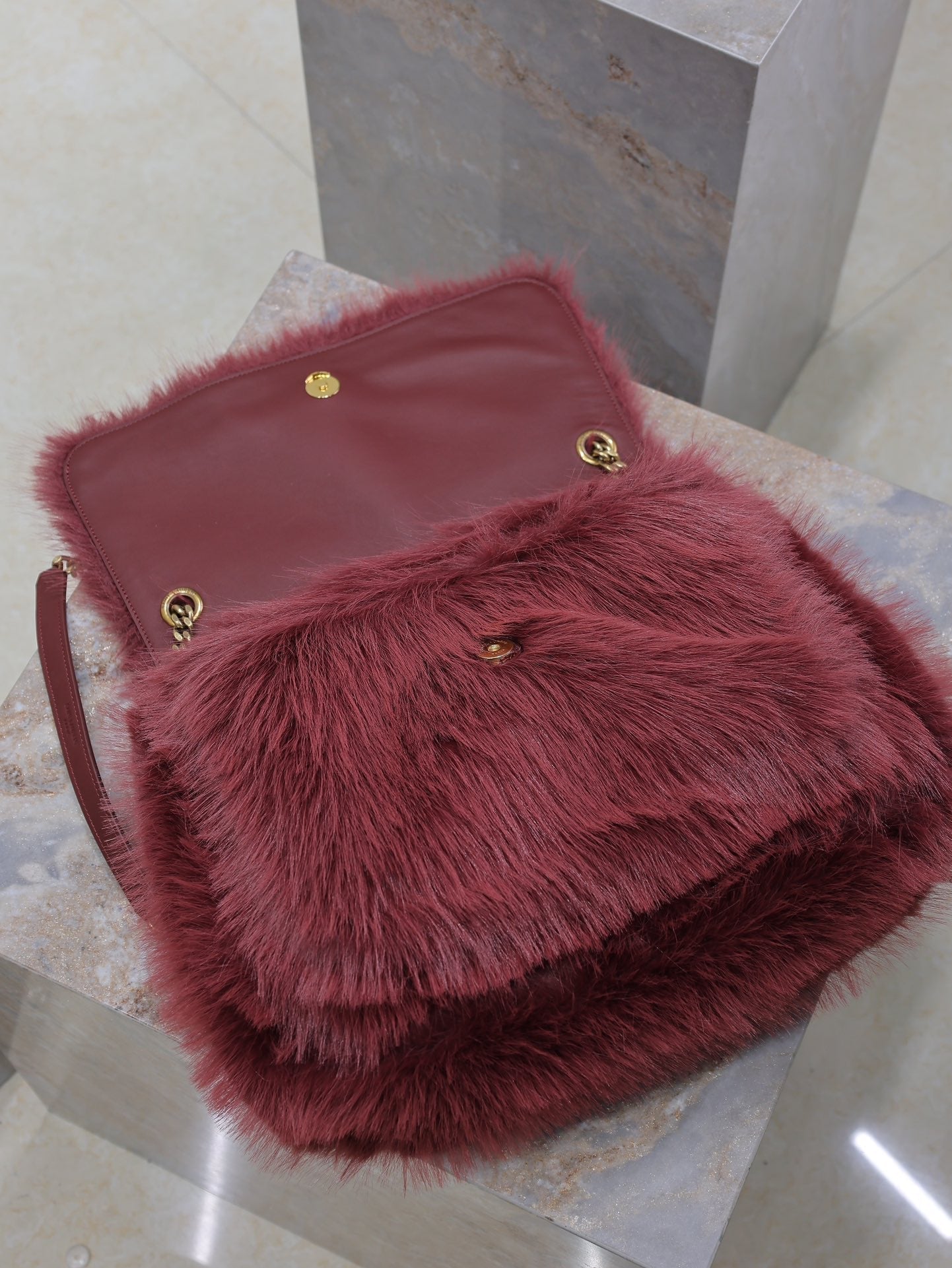 NIKI LARGE 32 IN CURRANT RED RABBIT FUR GOLD HARDWARE