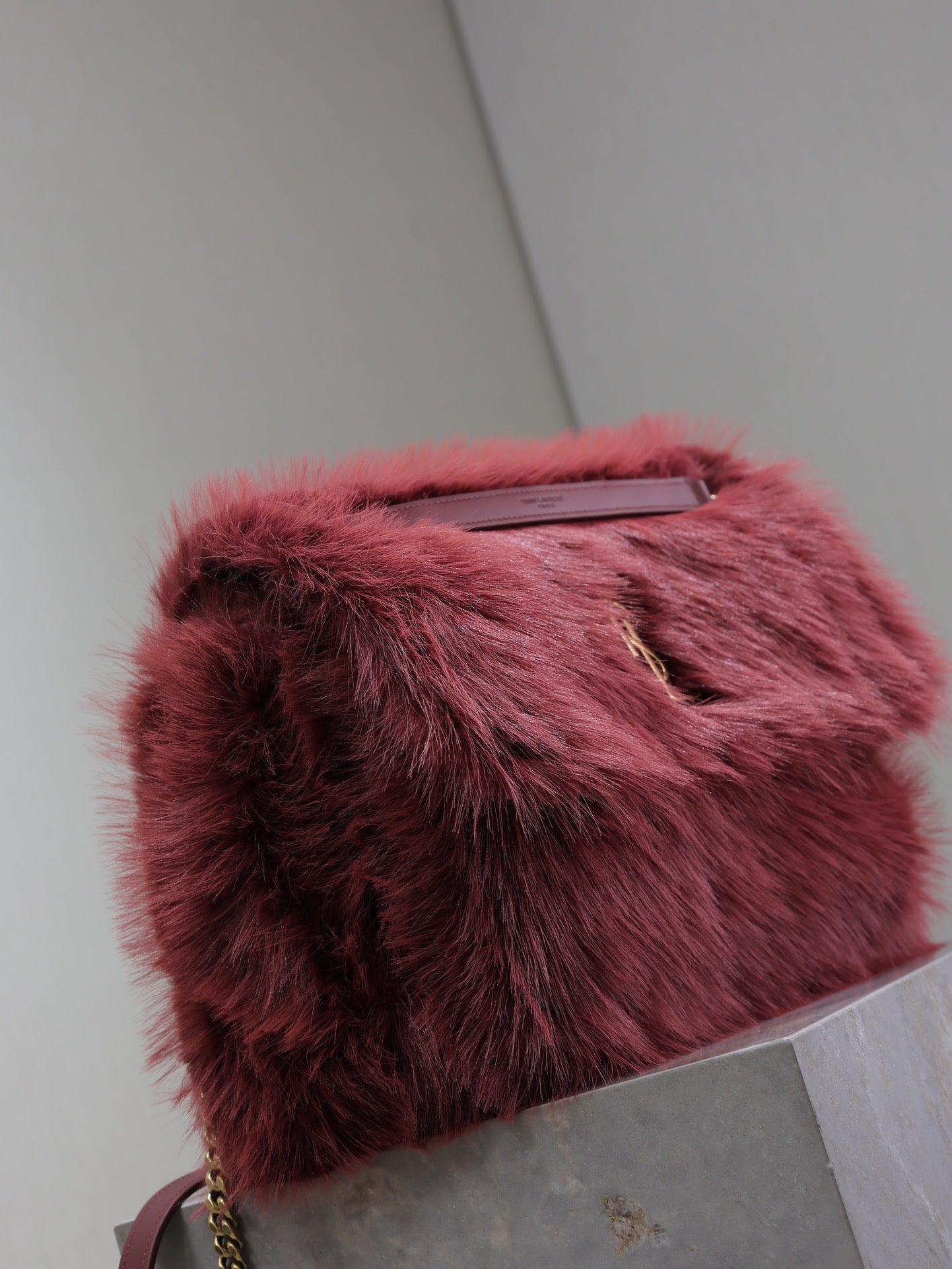 NIKI LARGE 32 IN CURRANT RED RABBIT FUR GOLD HARDWARE