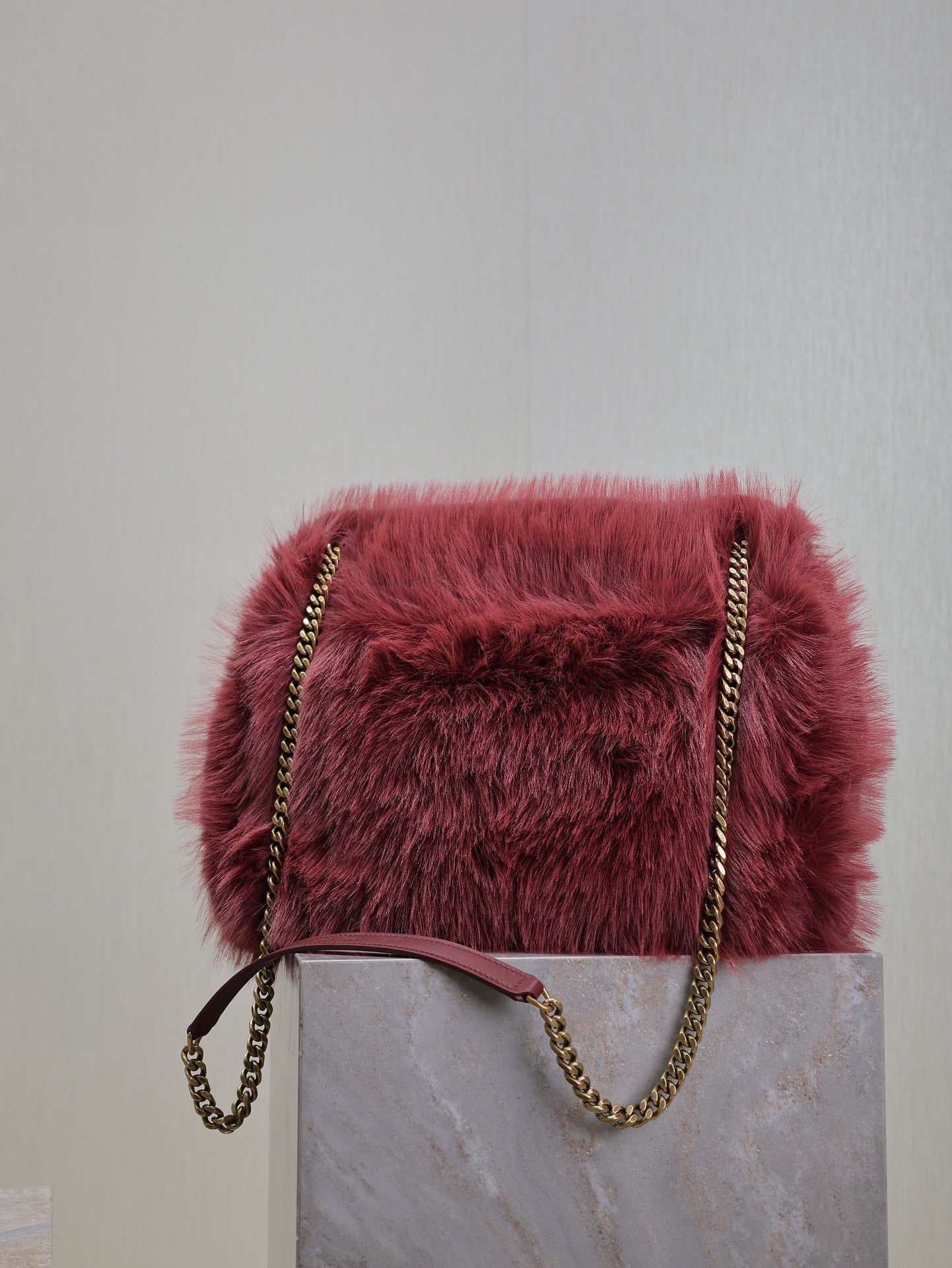 NIKI LARGE 32 IN CURRANT RED RABBIT FUR GOLD HARDWARE