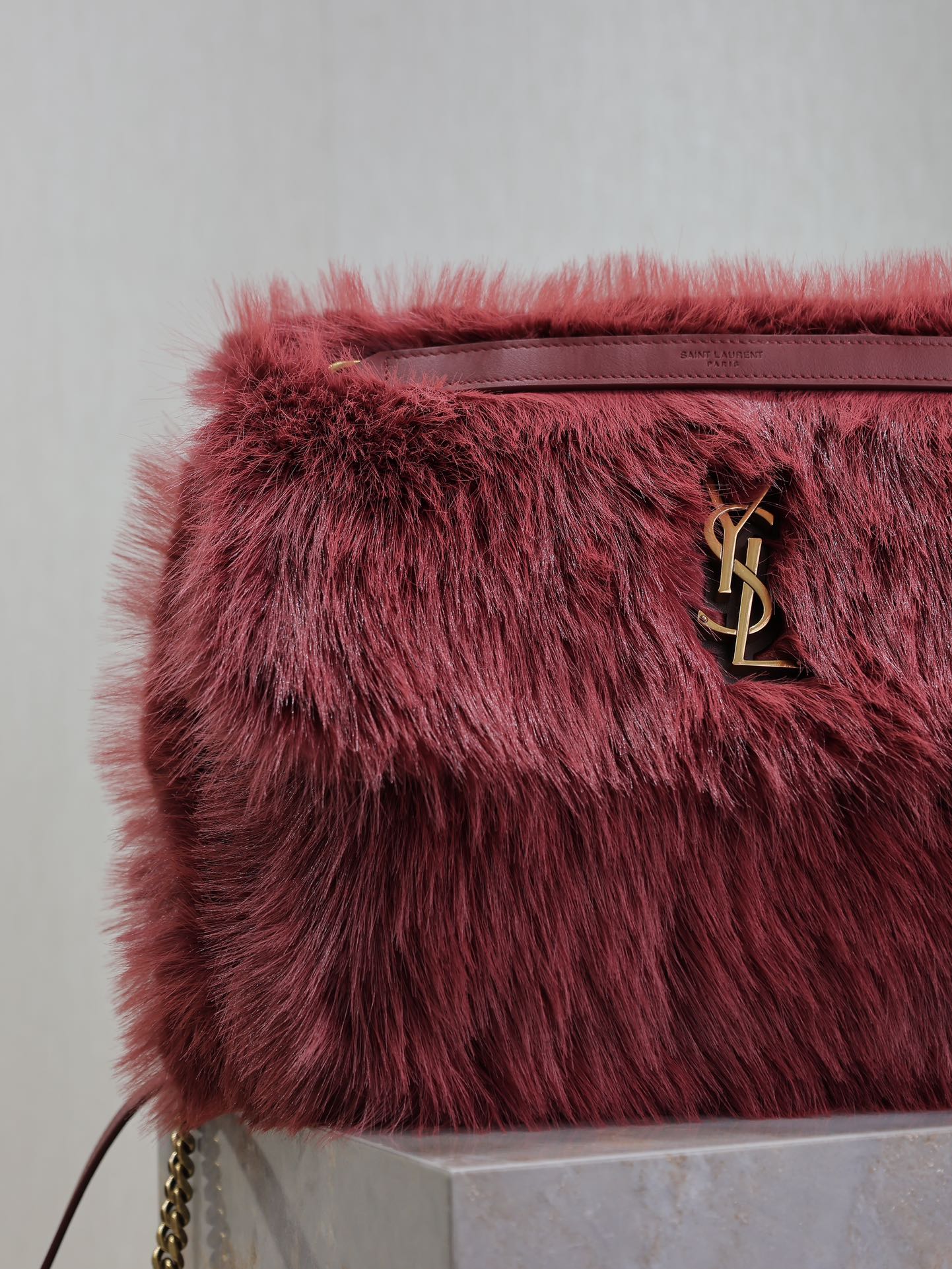 NIKI LARGE 32 IN CURRANT RED RABBIT FUR GOLD HARDWARE