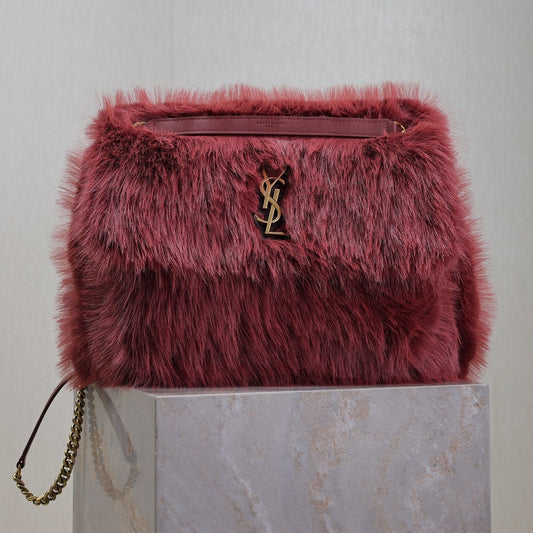 NIKI LARGE 32 IN CURRANT RED RABBIT FUR GOLD HARDWARE