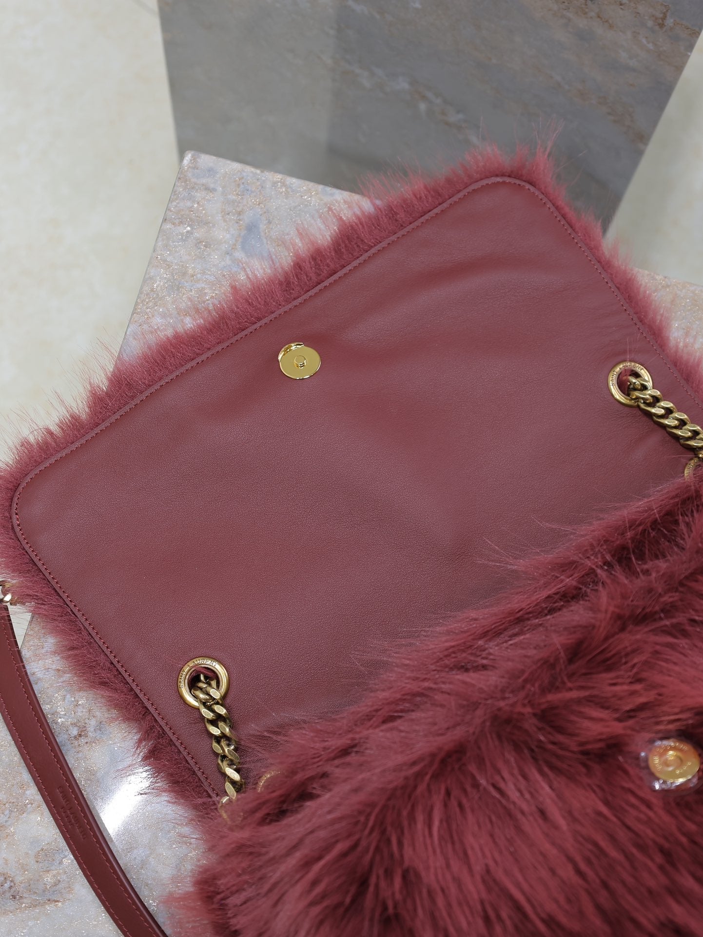 NIKI LARGE 32 IN CURRANT RED RABBIT FUR GOLD HARDWARE