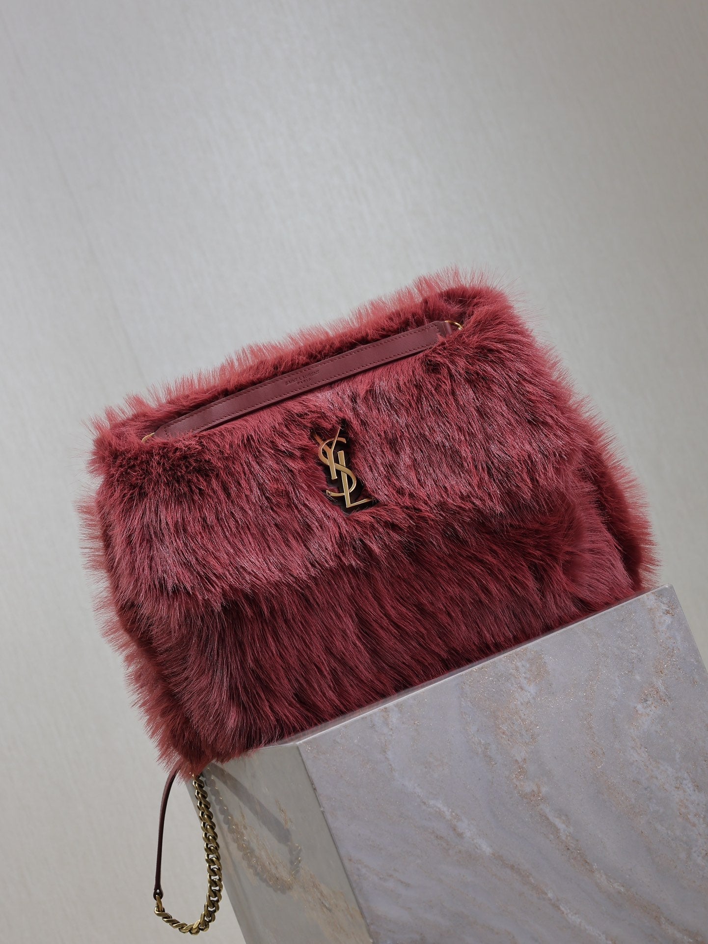 NIKI LARGE 32 IN CURRANT RED RABBIT FUR GOLD HARDWARE