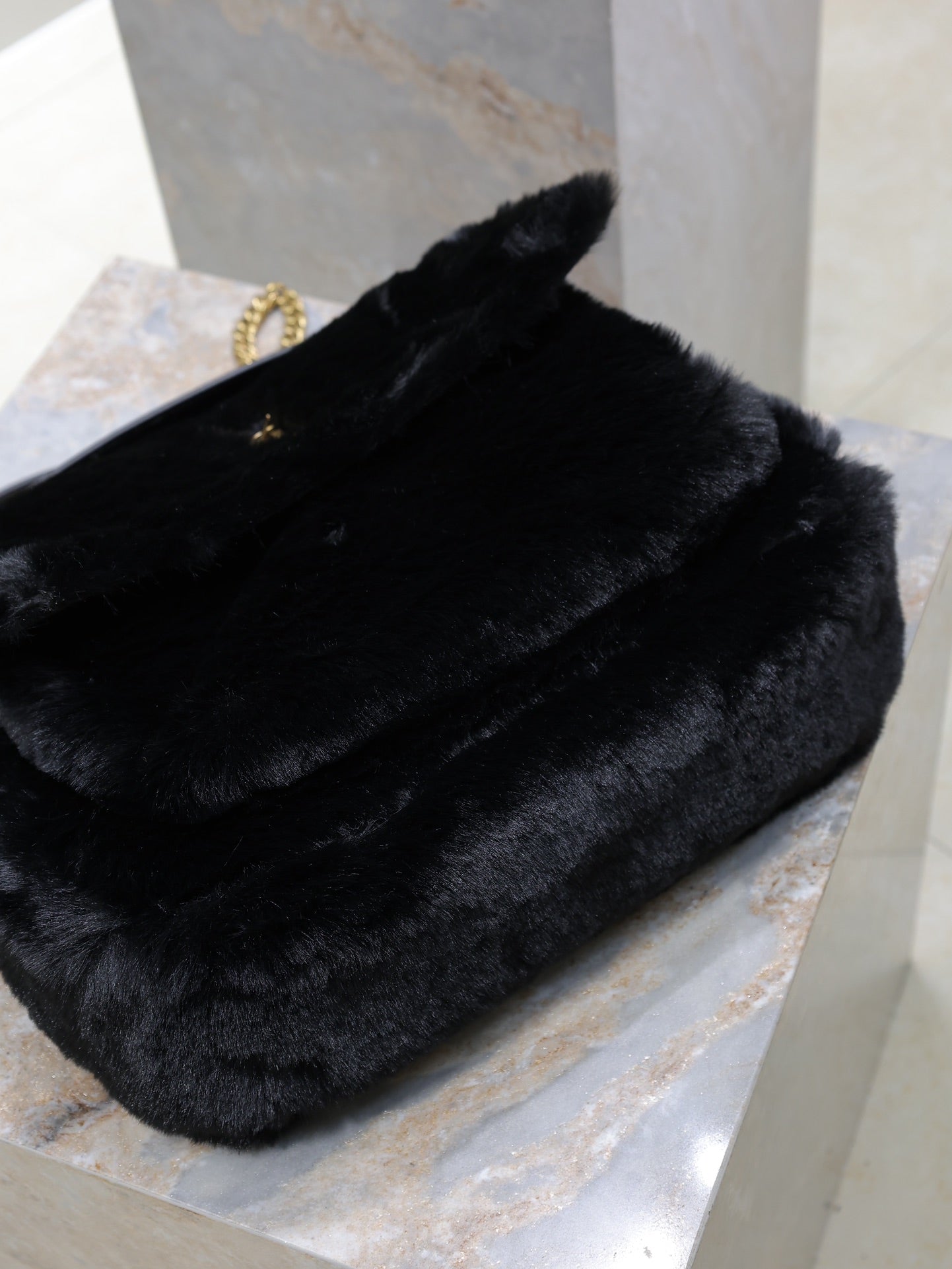 NIKI LARGE 32 IN BLACK RABBIT FUR GOLD HARDWARE