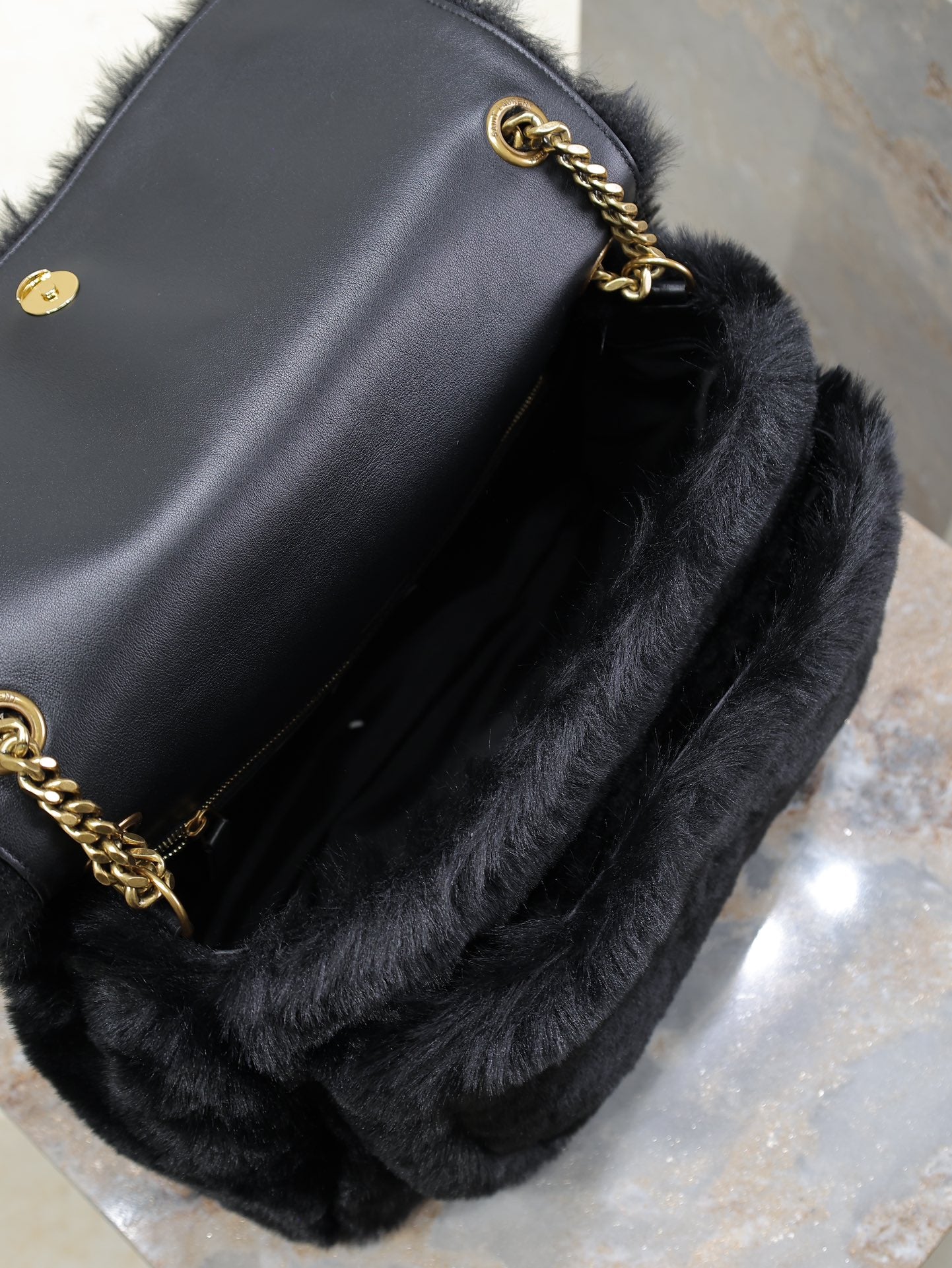 NIKI LARGE 32 IN BLACK RABBIT FUR GOLD HARDWARE