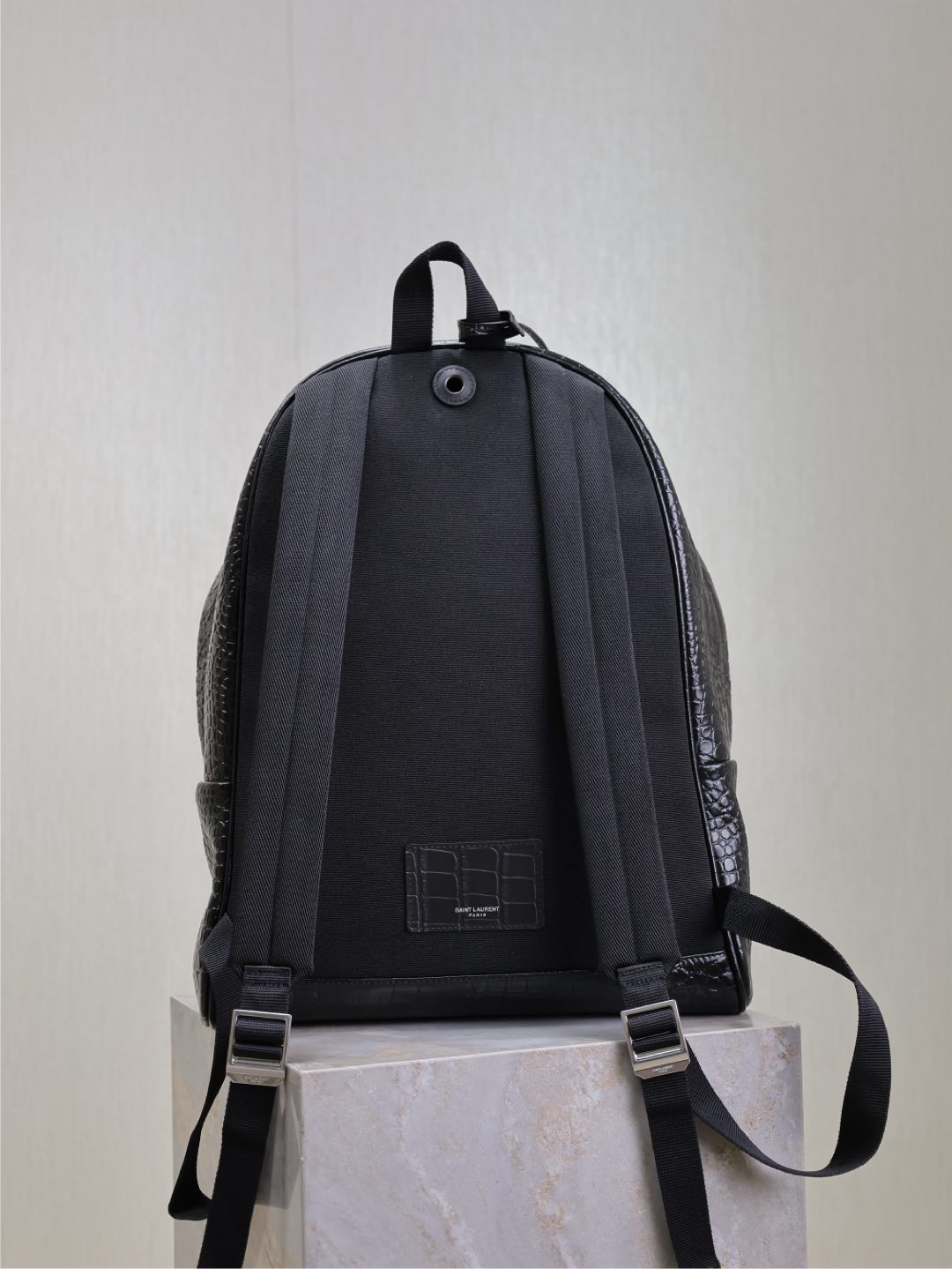 CITY BACKPACK 38 IN BLACK CROCODILE EMBOSSED CALFSKIN