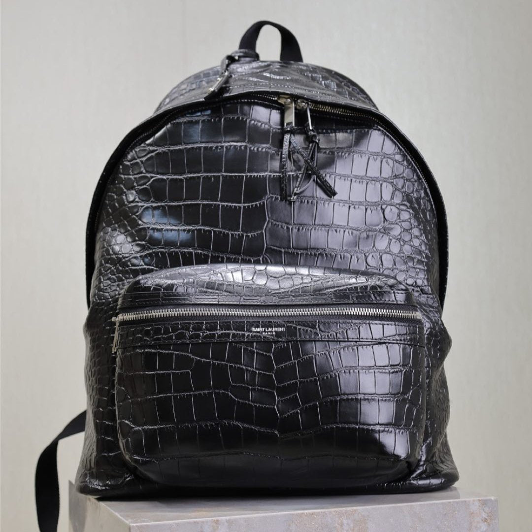 CITY BACKPACK 38 IN BLACK CROCODILE EMBOSSED CALFSKIN