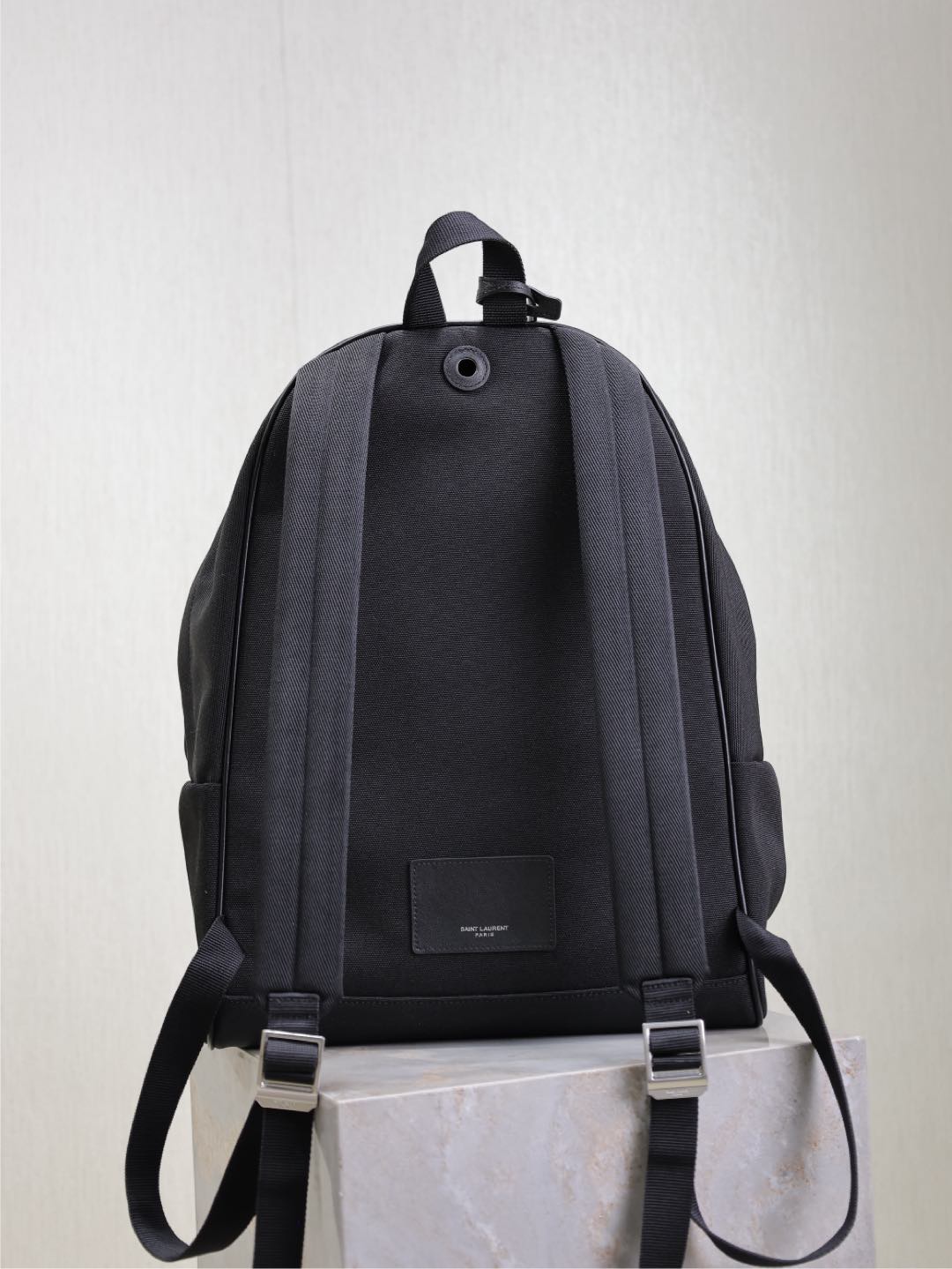 CITY BACKPACK 38 IN BLACK CANVAS WITH WHITE EMBROIDED LOGO