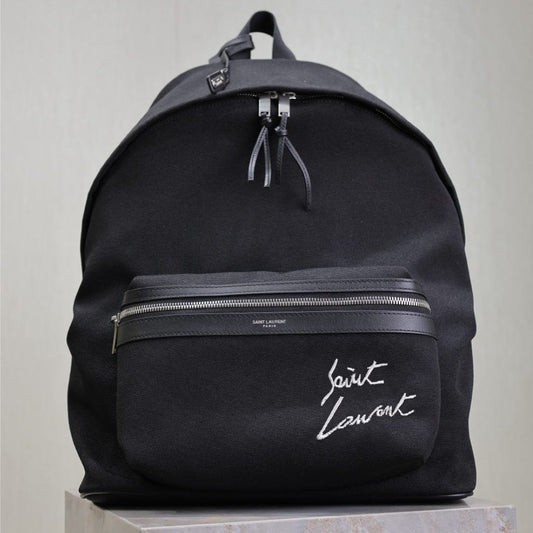 CITY BACKPACK 38 IN BLACK CANVAS WITH WHITE EMBROIDED LOGO