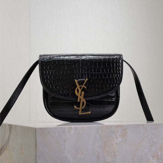 KAIA SMALL CROCODILE PATTERN BAG 18 IN BLACK GLOSSY CALFSKIN COPPER HARDWARE