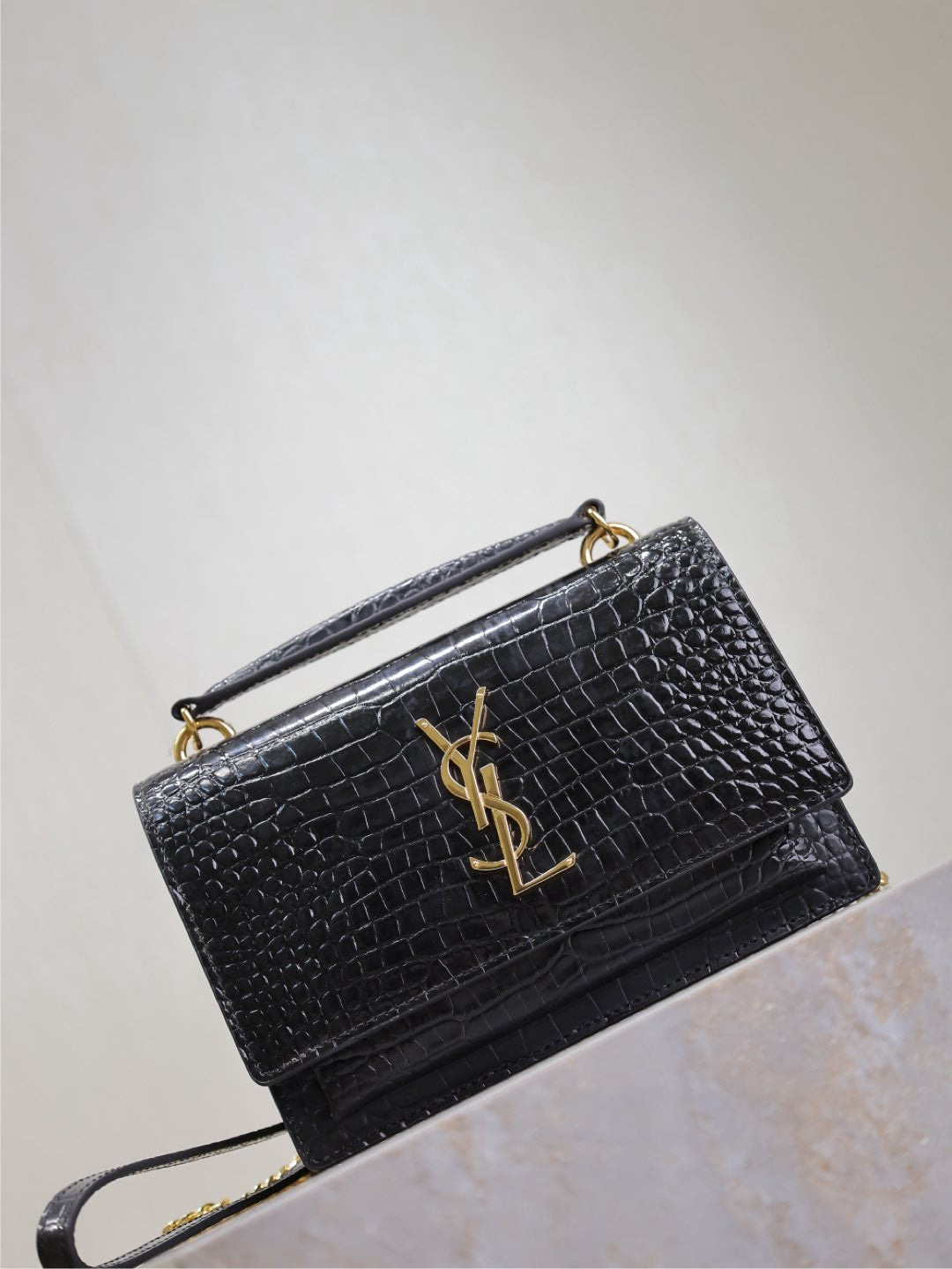 SUNSET SMALL BAG 19 IN BLACK CROCODILE-EMBOSSED CALFSKIN COPPER HARDWARE