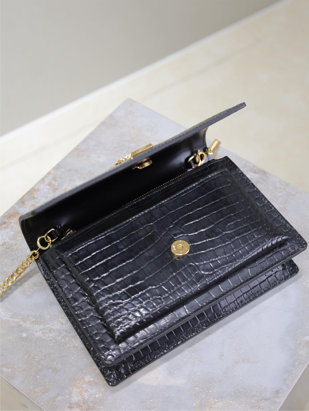 SUNSET SMALL BAG 19 IN BLACK CROCODILE-EMBOSSED CALFSKIN COPPER HARDWARE