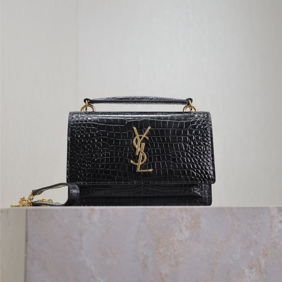 SUNSET SMALL BAG 19 IN BLACK CROCODILE-EMBOSSED CALFSKIN COPPER HARDWARE