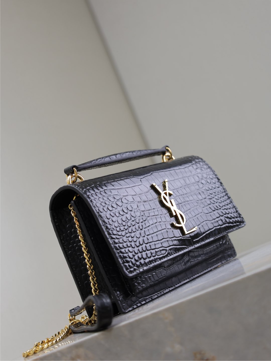 SUNSET SMALL BAG 19 IN BLACK CROCODILE-EMBOSSED CALFSKIN COPPER HARDWARE