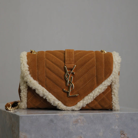 ENVELOPE CHAIN BAG 21 IN BRONZE BROWN SUEDE AND WHITE SHEARLING TRIM GOLD HARDWARE