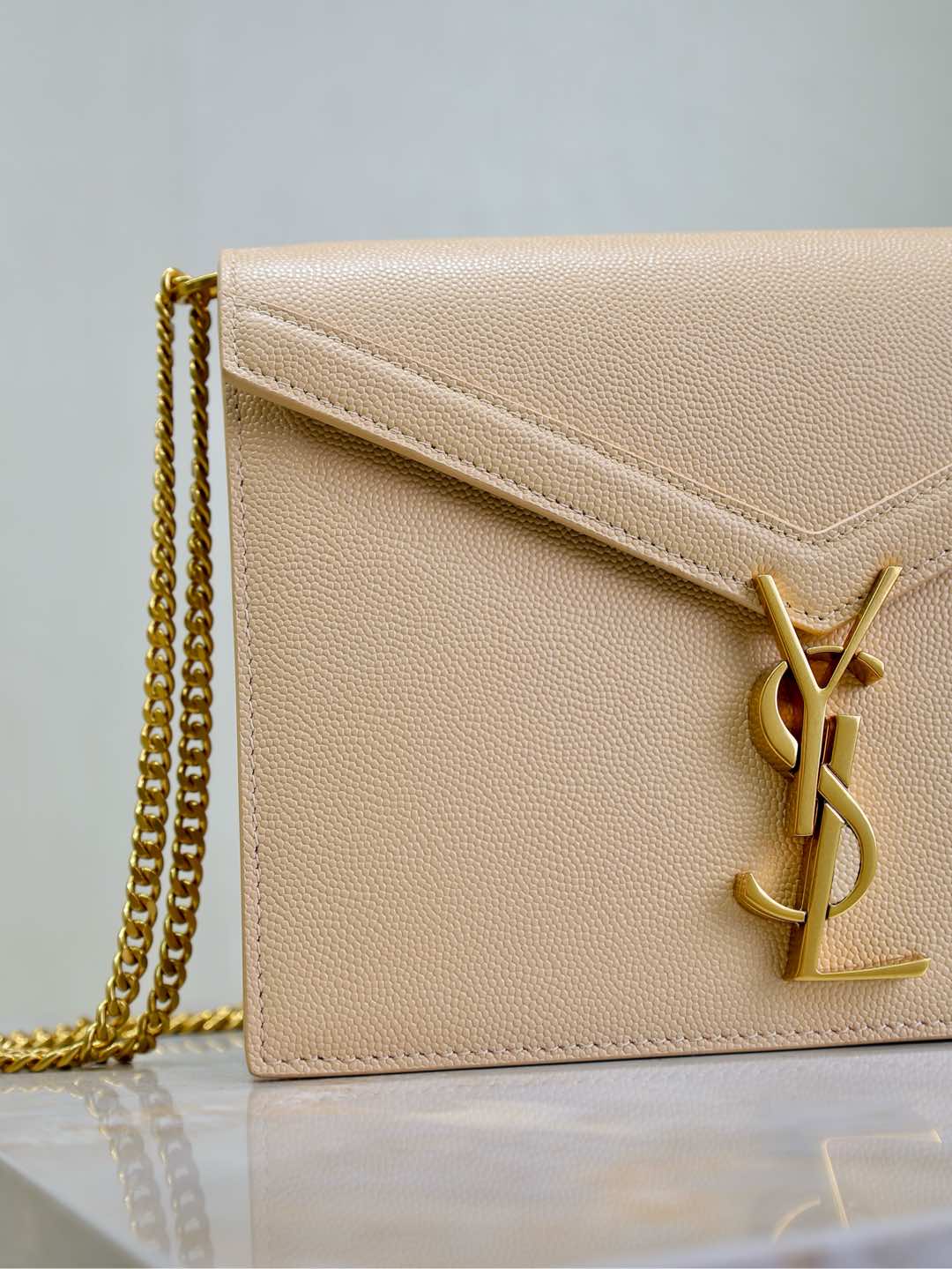 CASSANDRA CHAIN BAG 22 IN APRICOT CAVIAR PATTERN CALFSKIN GOLD HARDWARE