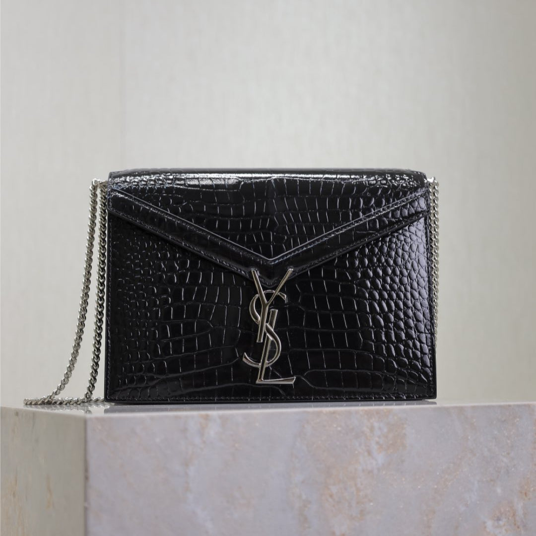 CASSANDRA CHAIN BAG 22 IN BLACK CROCODILE PATTERN CALFSKIN SILVER HARDWARE