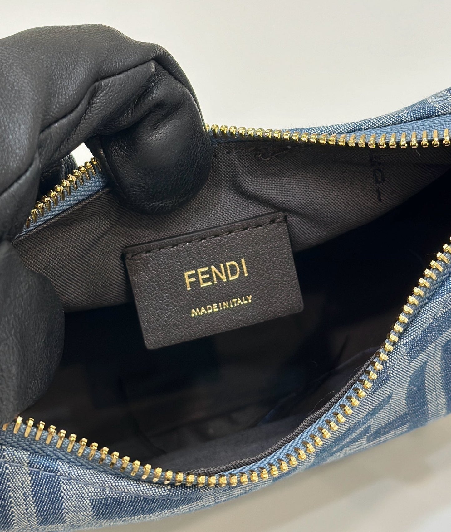 FENDIGRAPHY MINI 20 BAG IN AEGEAN BLUE DENIM FABRIC WITH GOLD HARDWARE