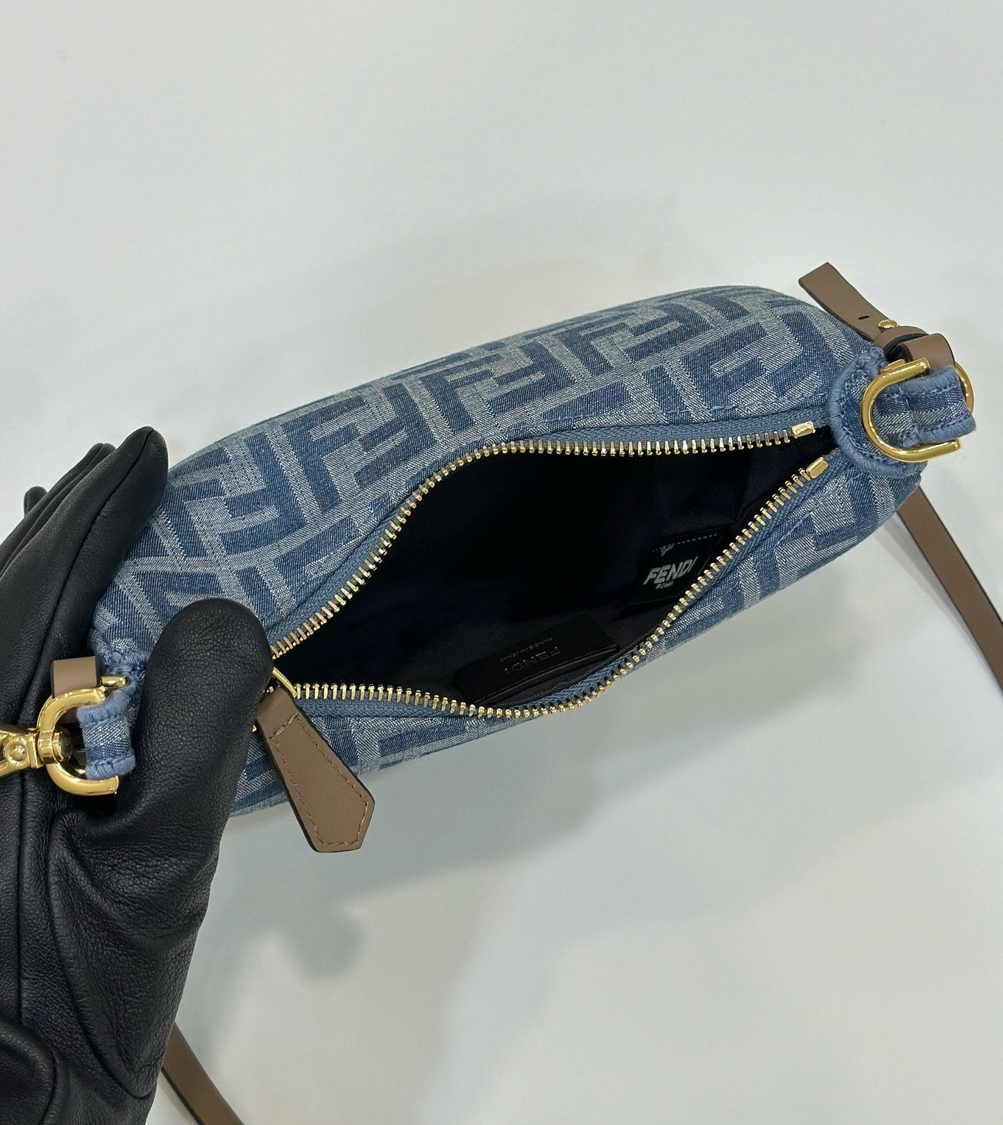 FENDIGRAPHY MINI 20 BAG IN AEGEAN BLUE DENIM FABRIC WITH GOLD HARDWARE